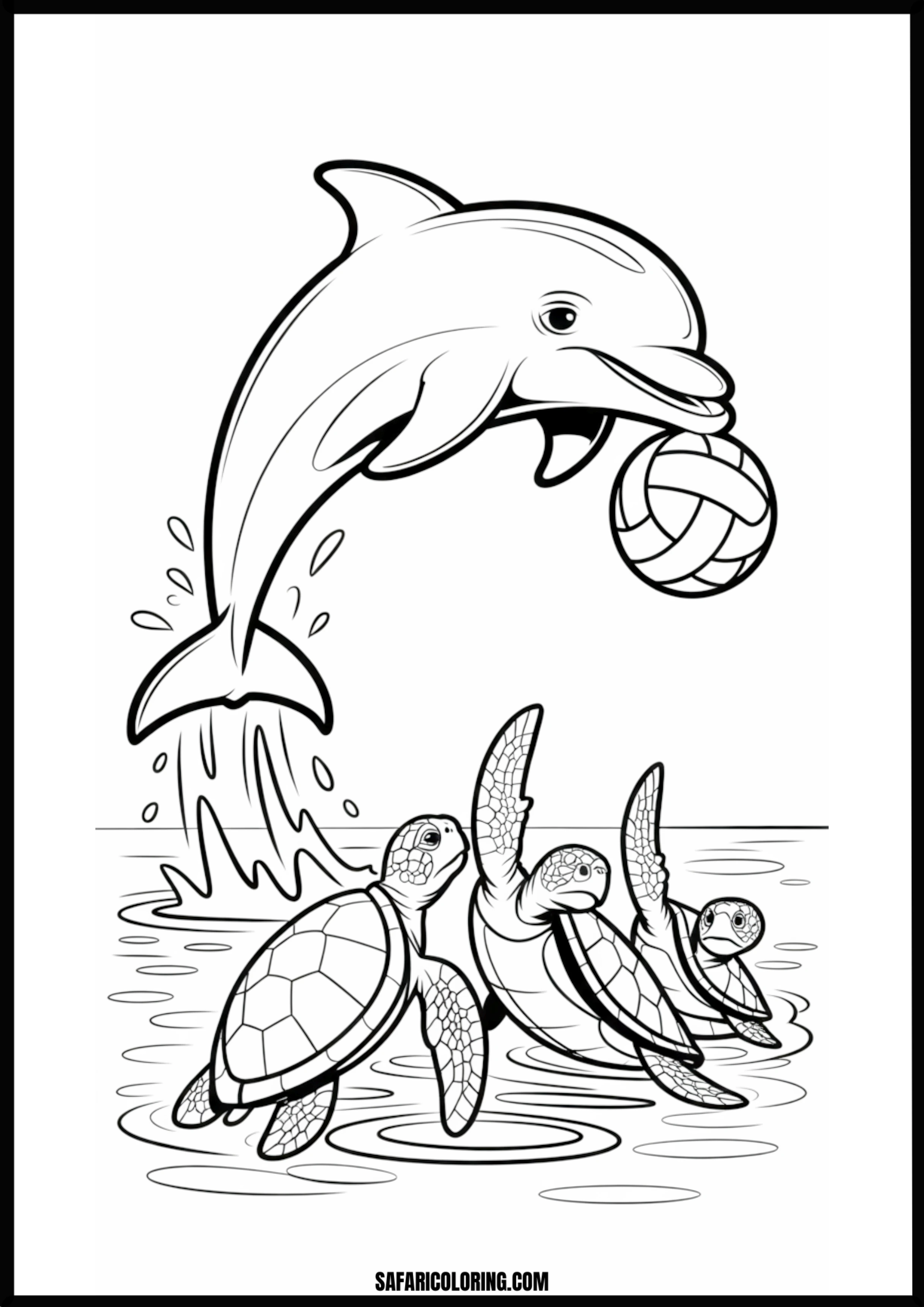 Dolphin and Turtles Volleyball Fun Coloring Dolphin playing volleyball with sea turtles