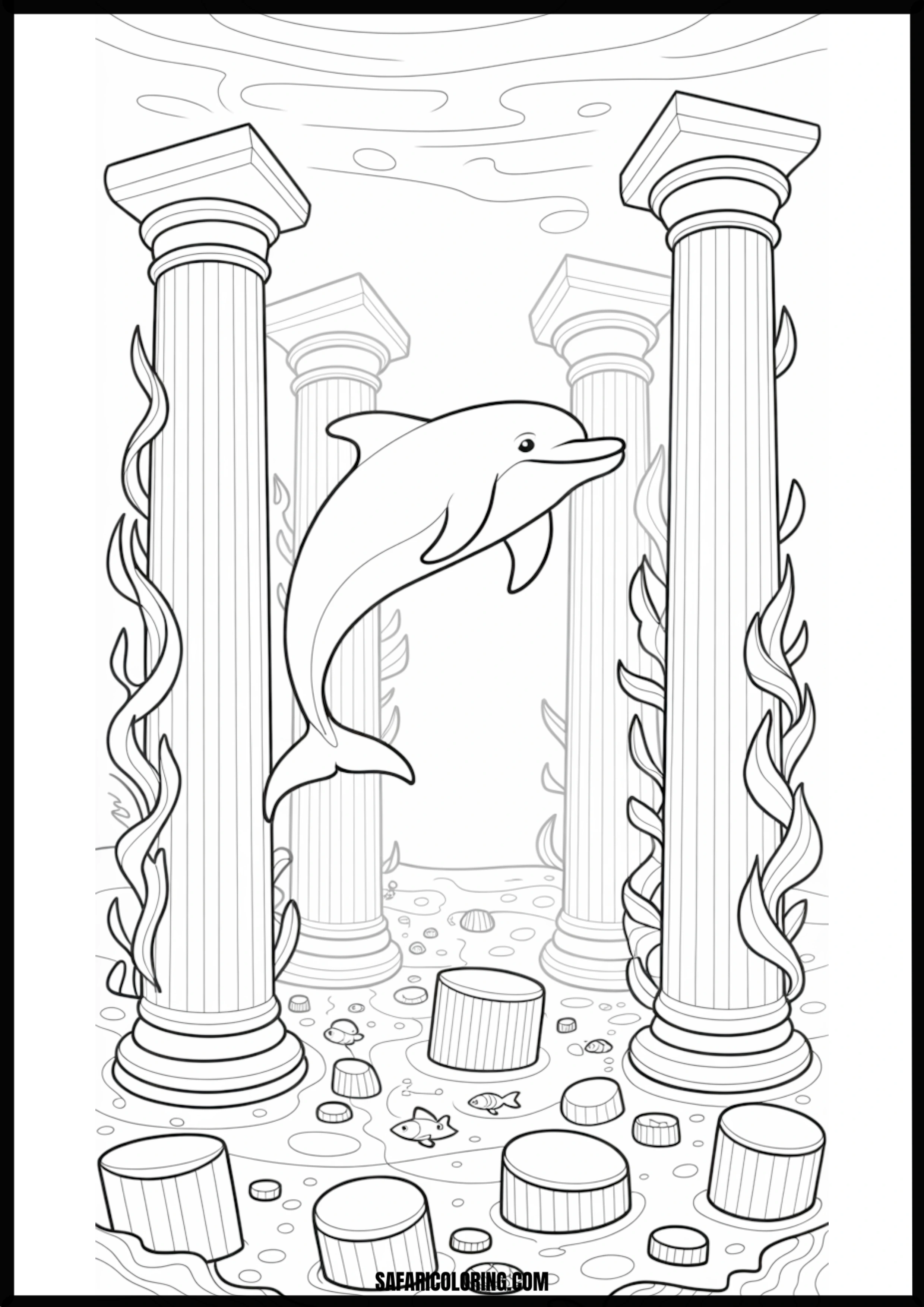 Dolphin in Ancient Underwater Ruins Coloring Dolphin swimming through ancient underwater ruins