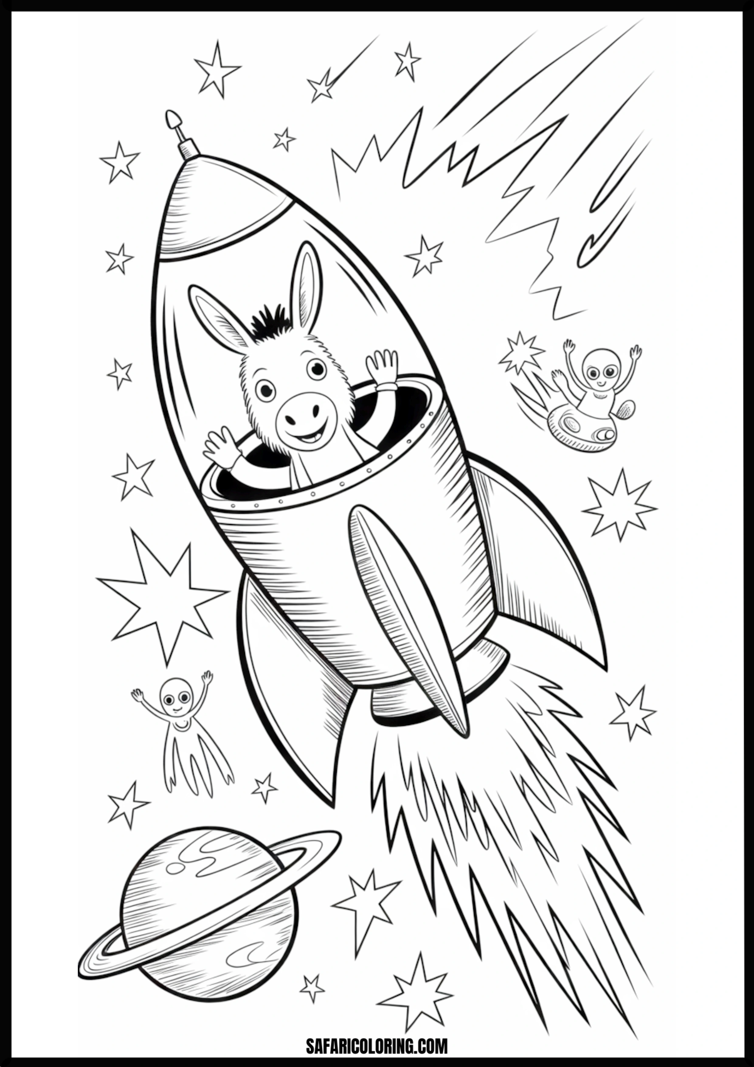 Donkey astronaut floating in space, surrounded by friendly aliens and planets.