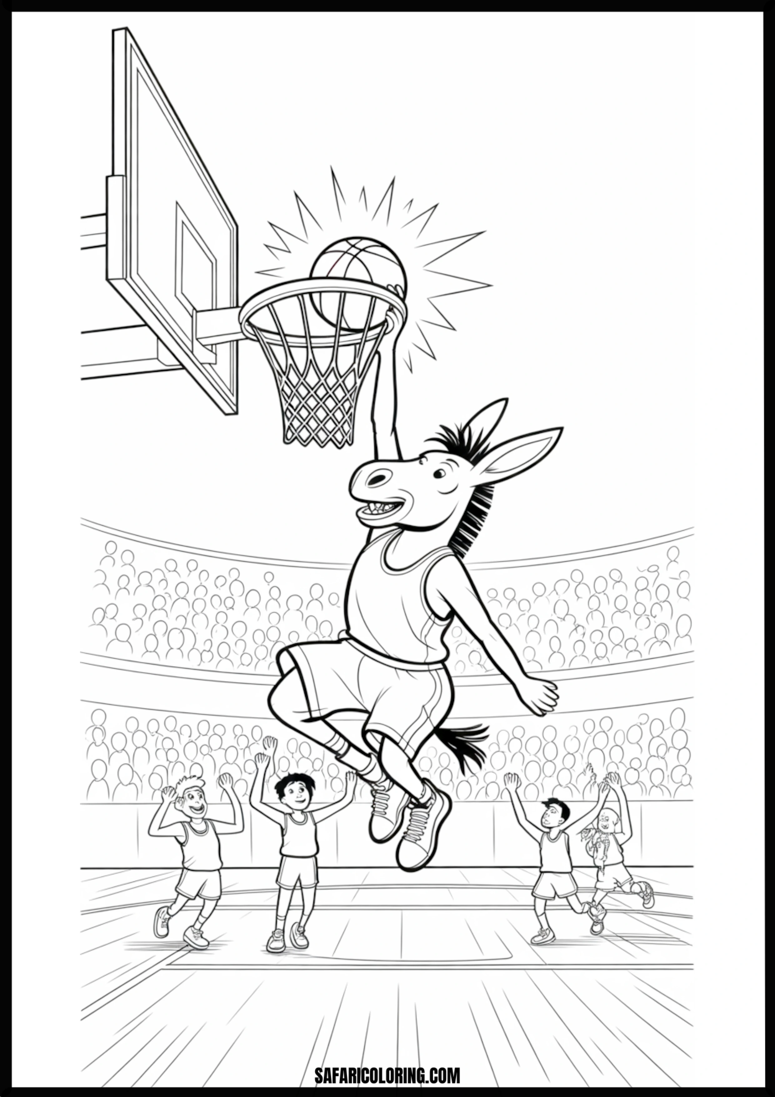 Donkey playing basketball, mid-air, dunking the ball into a hoop in a stadium.