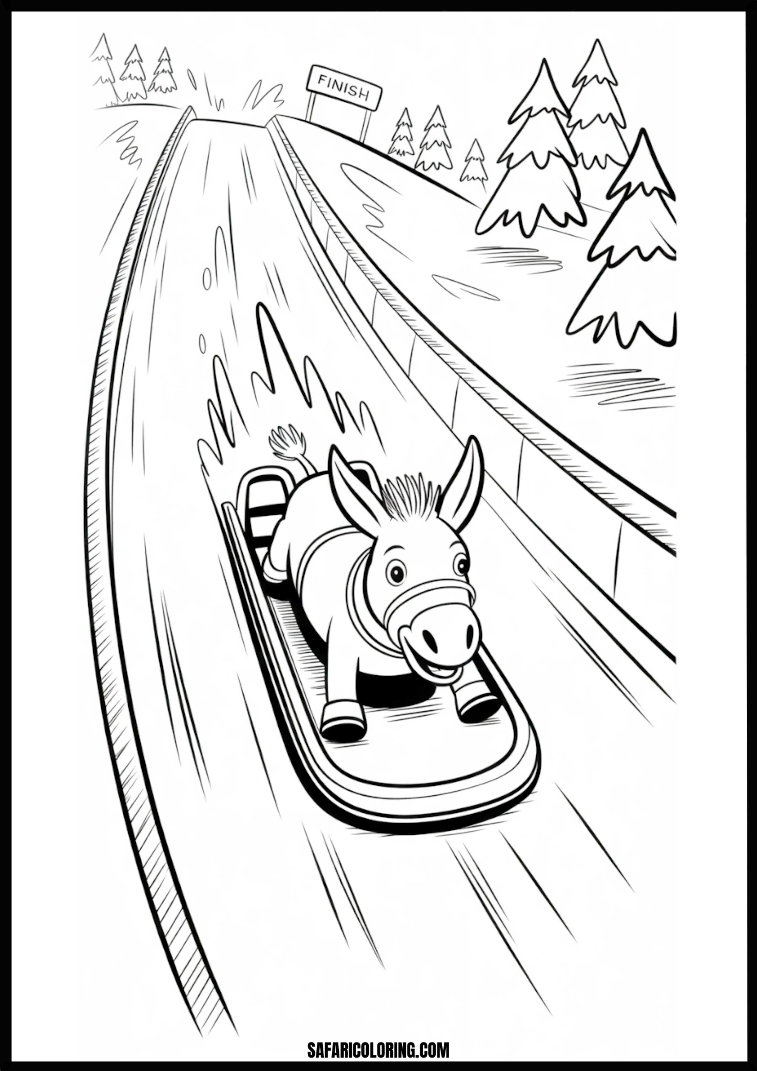 Donkey racing a sled down a snowy bobsled track at high speed.