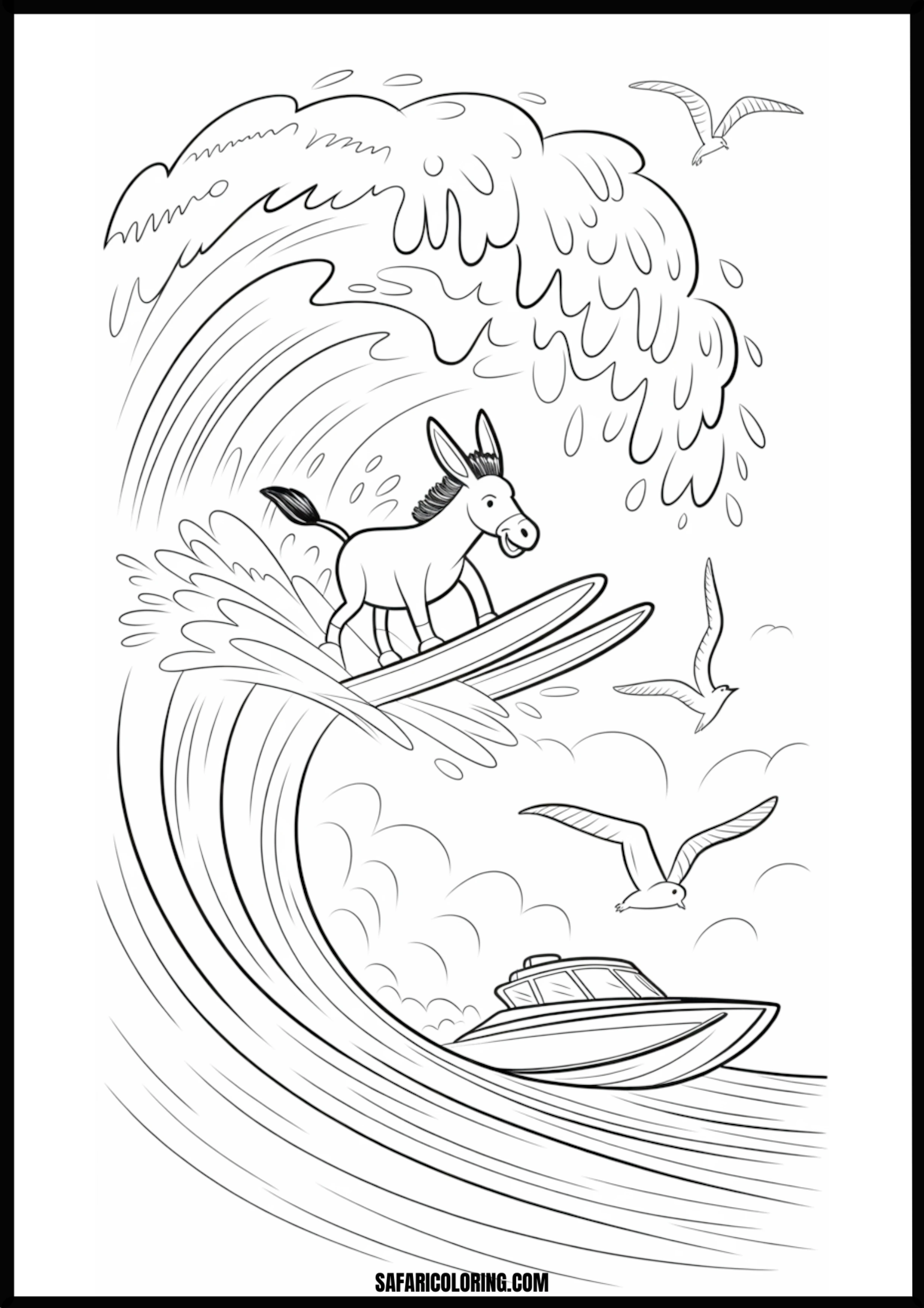 Donkey surfing a large ocean wave, with a boat and seagulls in the background.