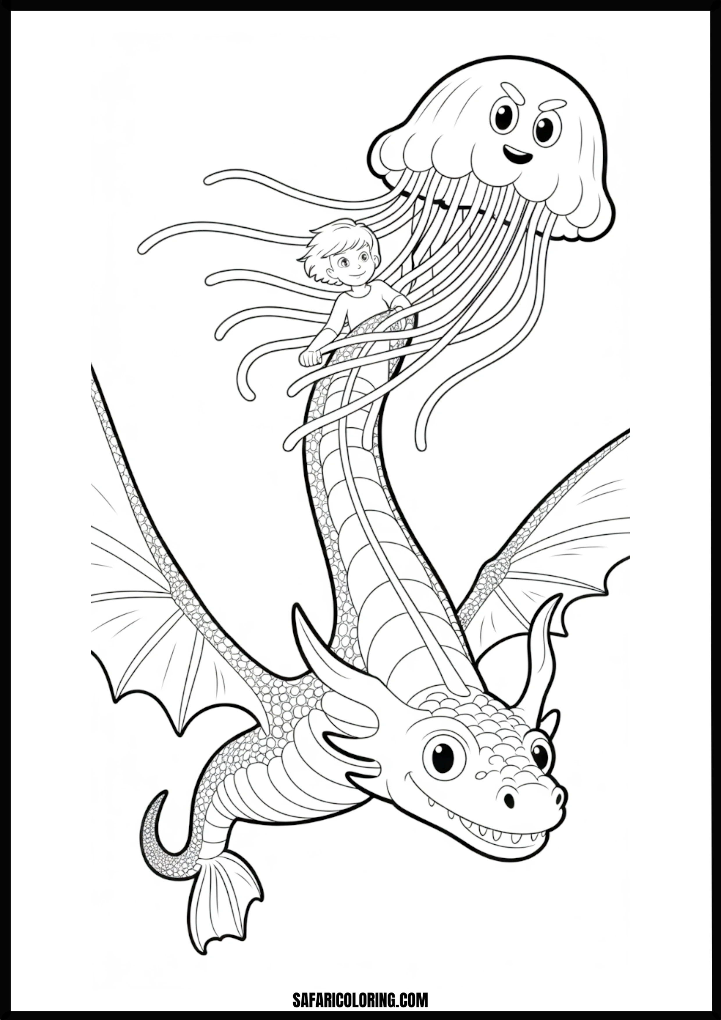 Dragon Jellyfish and Flying Child Coloring Page Whimsical scene of a child flying on a dragon-like jellyfish.