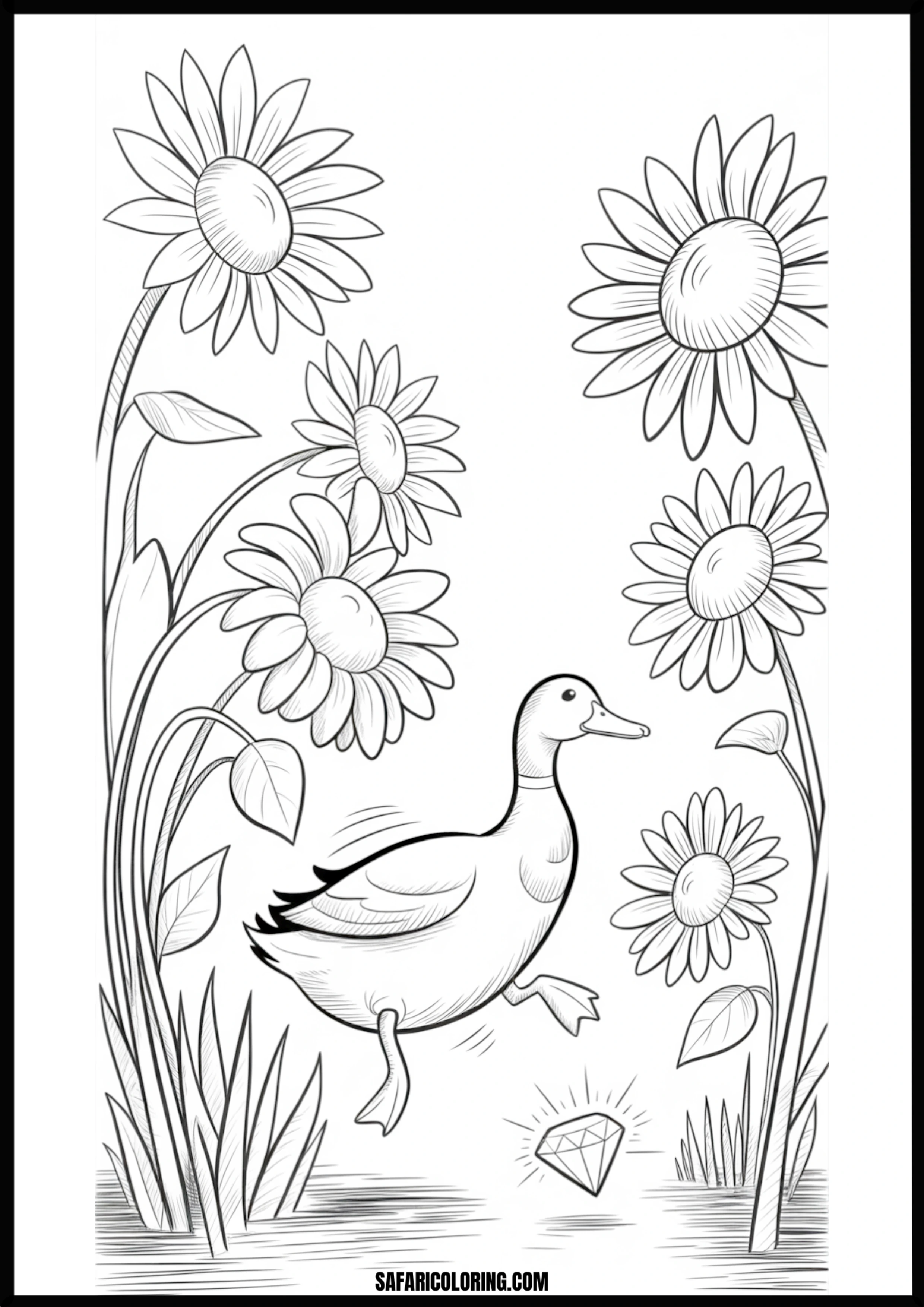 Cartoon duck finding a diamond in a flower field.