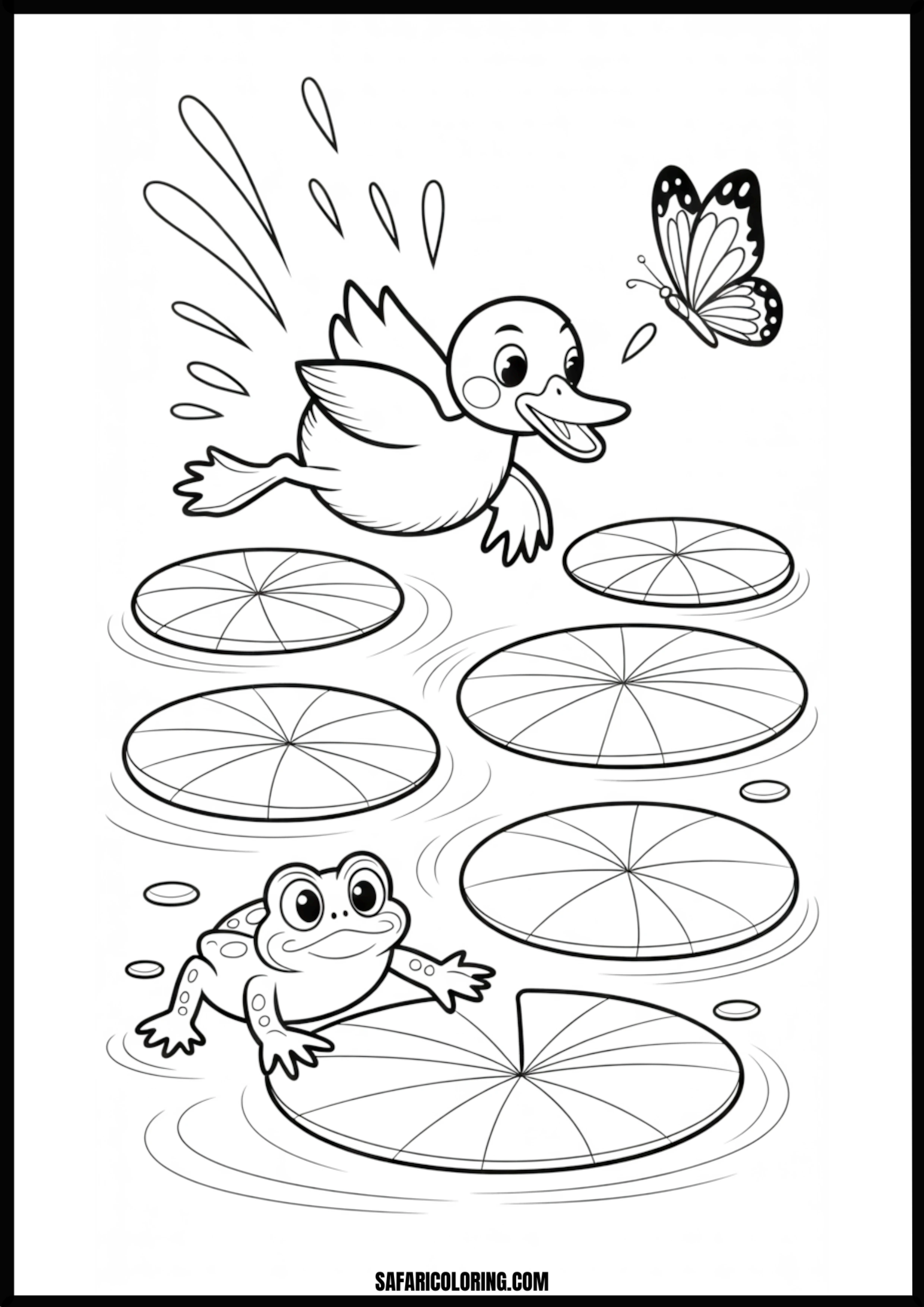 Playful duck, frog, and butterfly splashing in a pond.