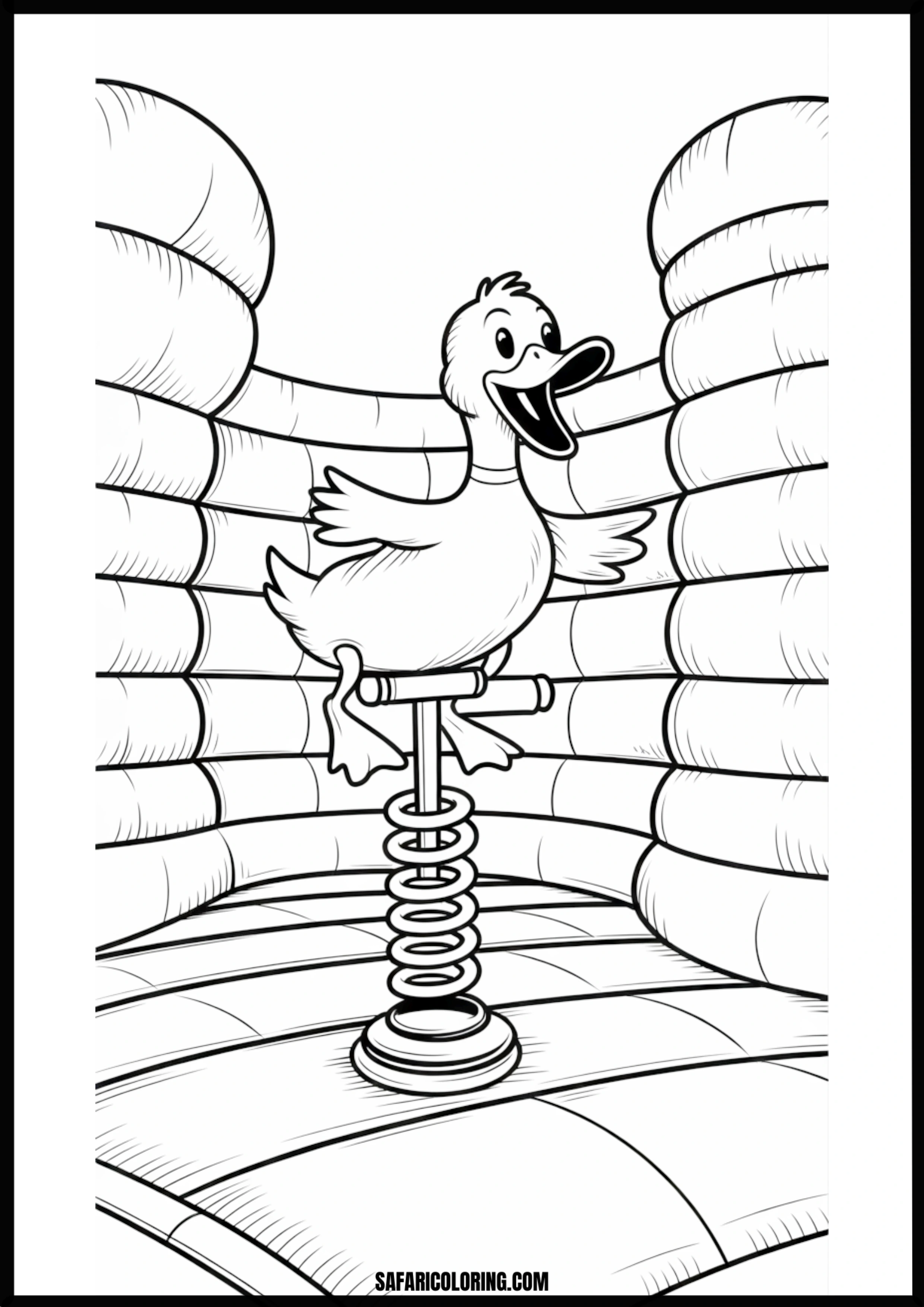 Duck on a spring toy inside a bouncy castle.