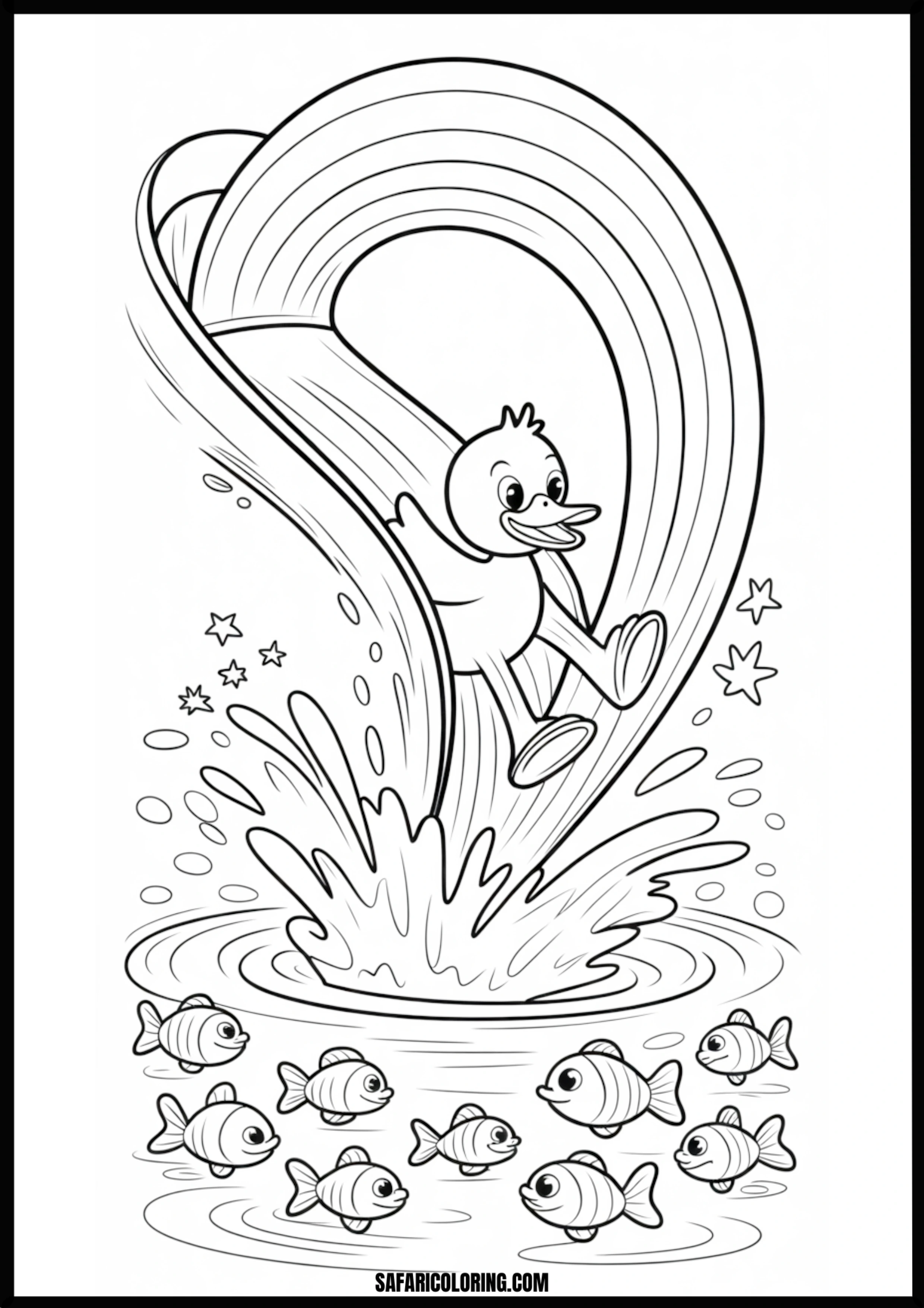 Duck splashing down a rainbow slide into a fish pond.