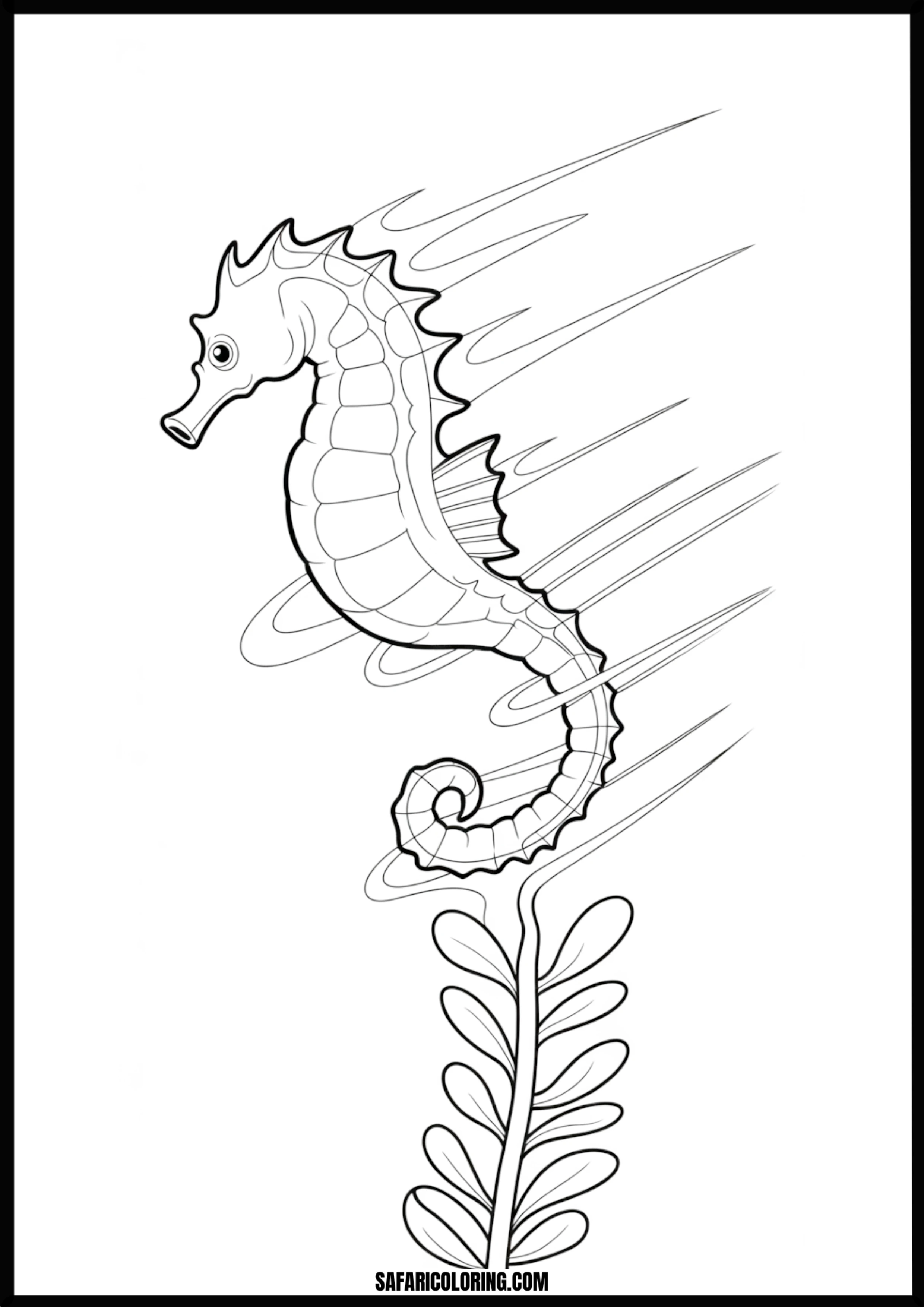 Printable Dynamic Seahorse and Seaweed Coloring page of a dynamic seahorse amidst flowing seaweed.
