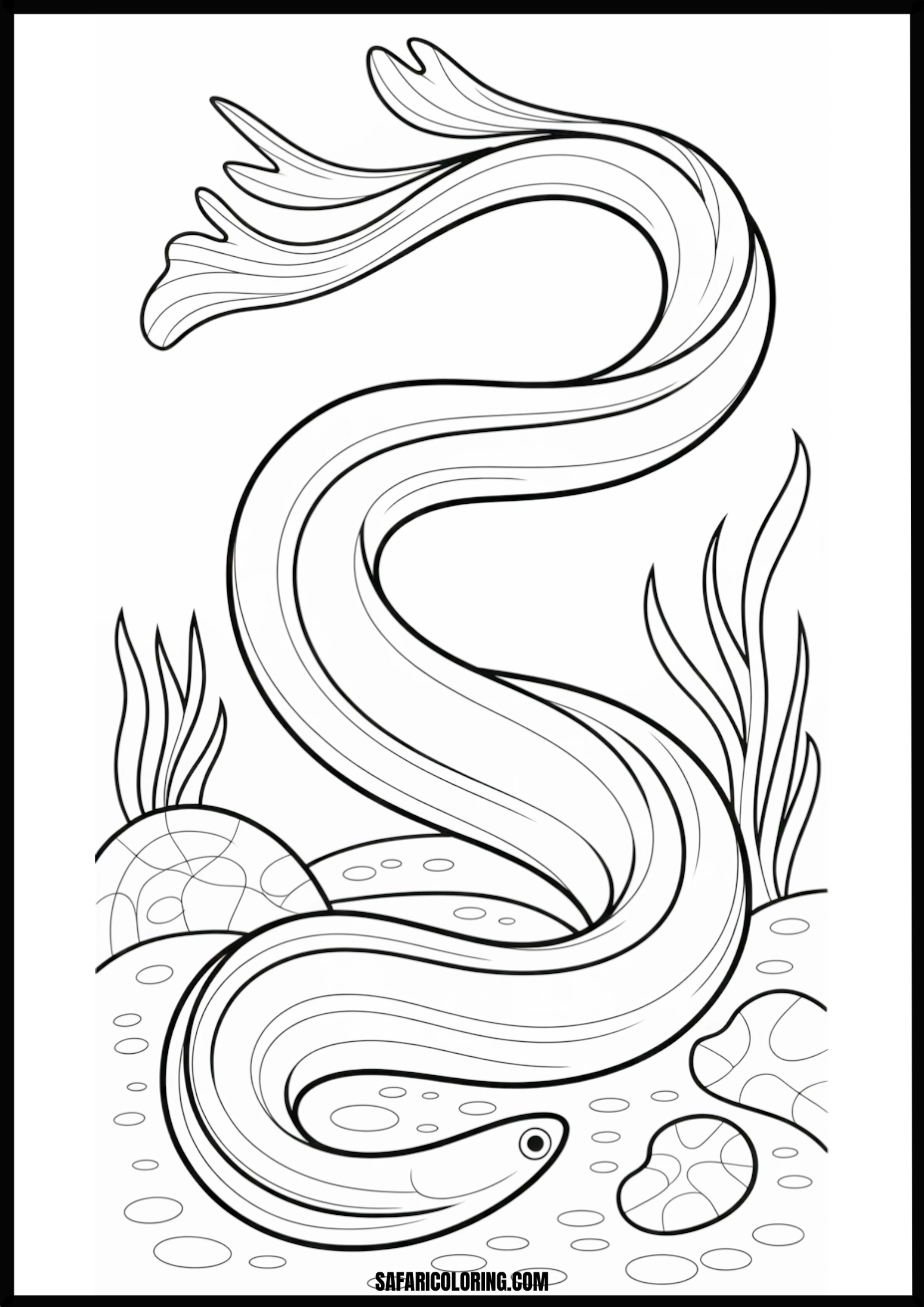 Eel Underwater Coloring Page A long, slender eel swimming through underwater rocks and plants.