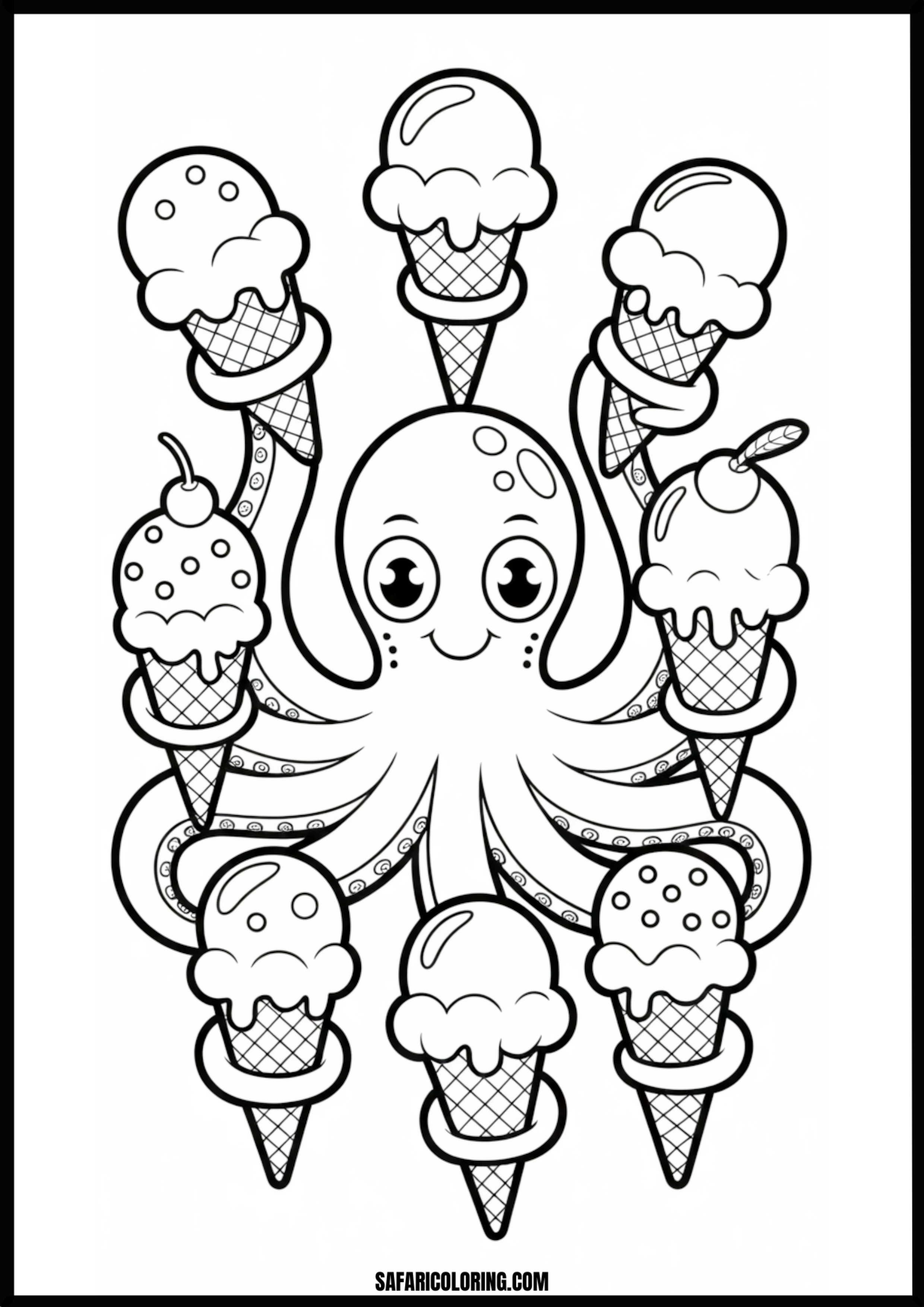 Eight Ice-Cream Octopus Printable Coloring Sheet An outline drawing of a octopus ice cream cones for coloring.