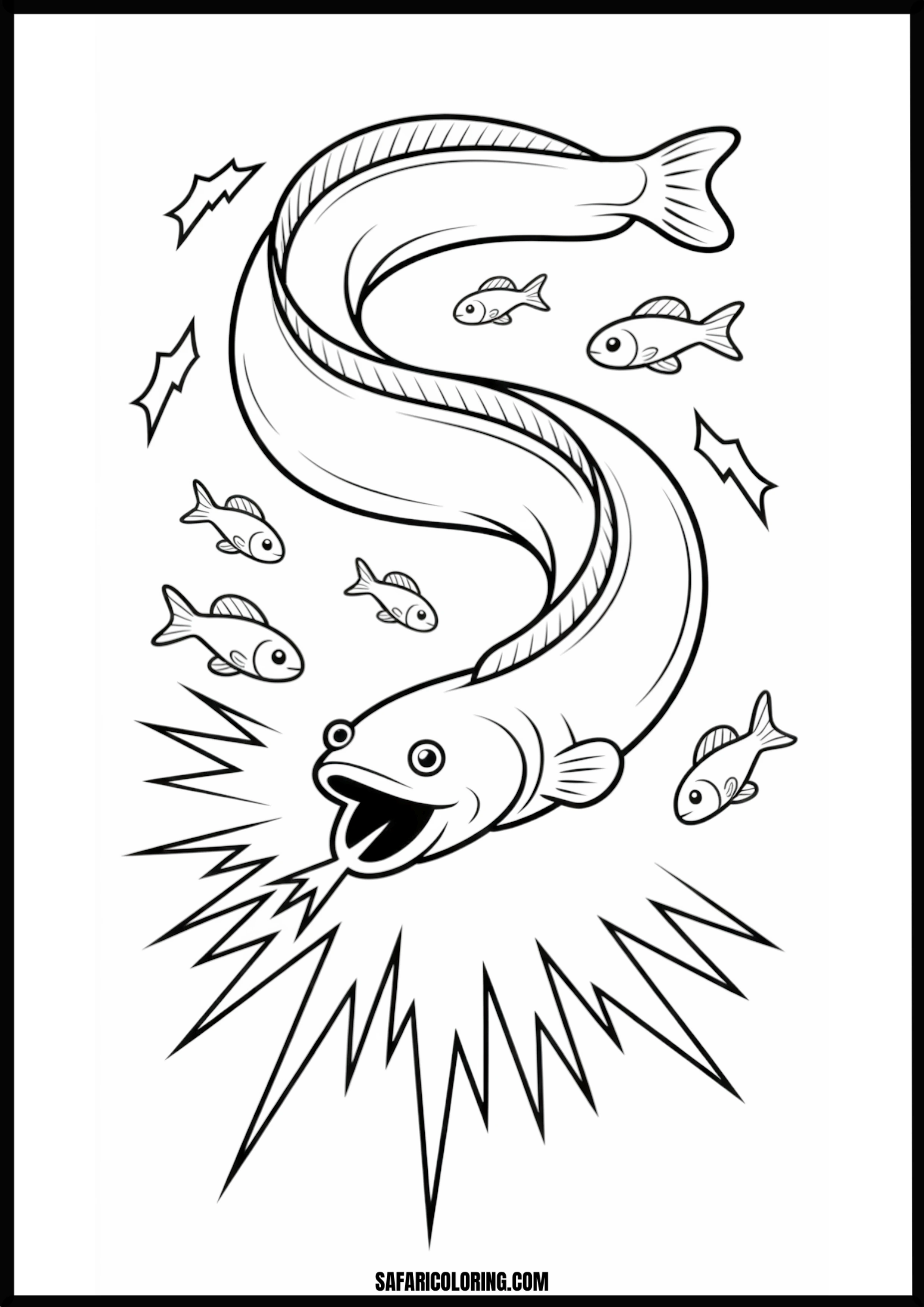 Electric Eel Zaps Fish Coloring Page An electric eel zapping smaller fish with an electric discharge.