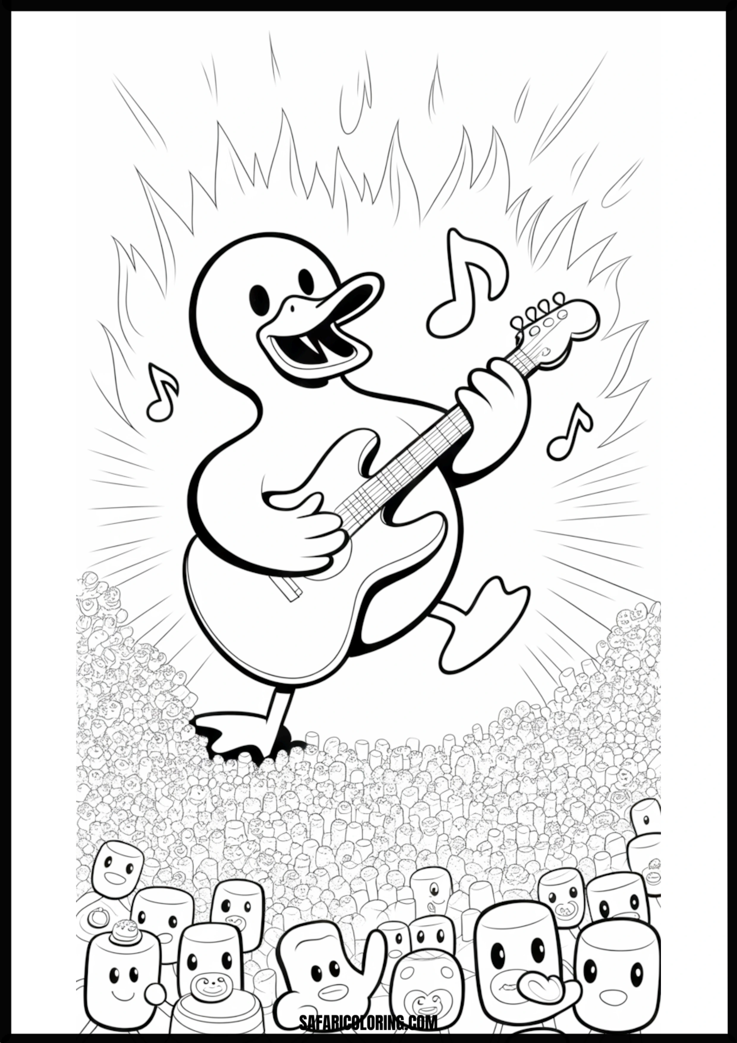 Energetic duck playing guitar for an audience.