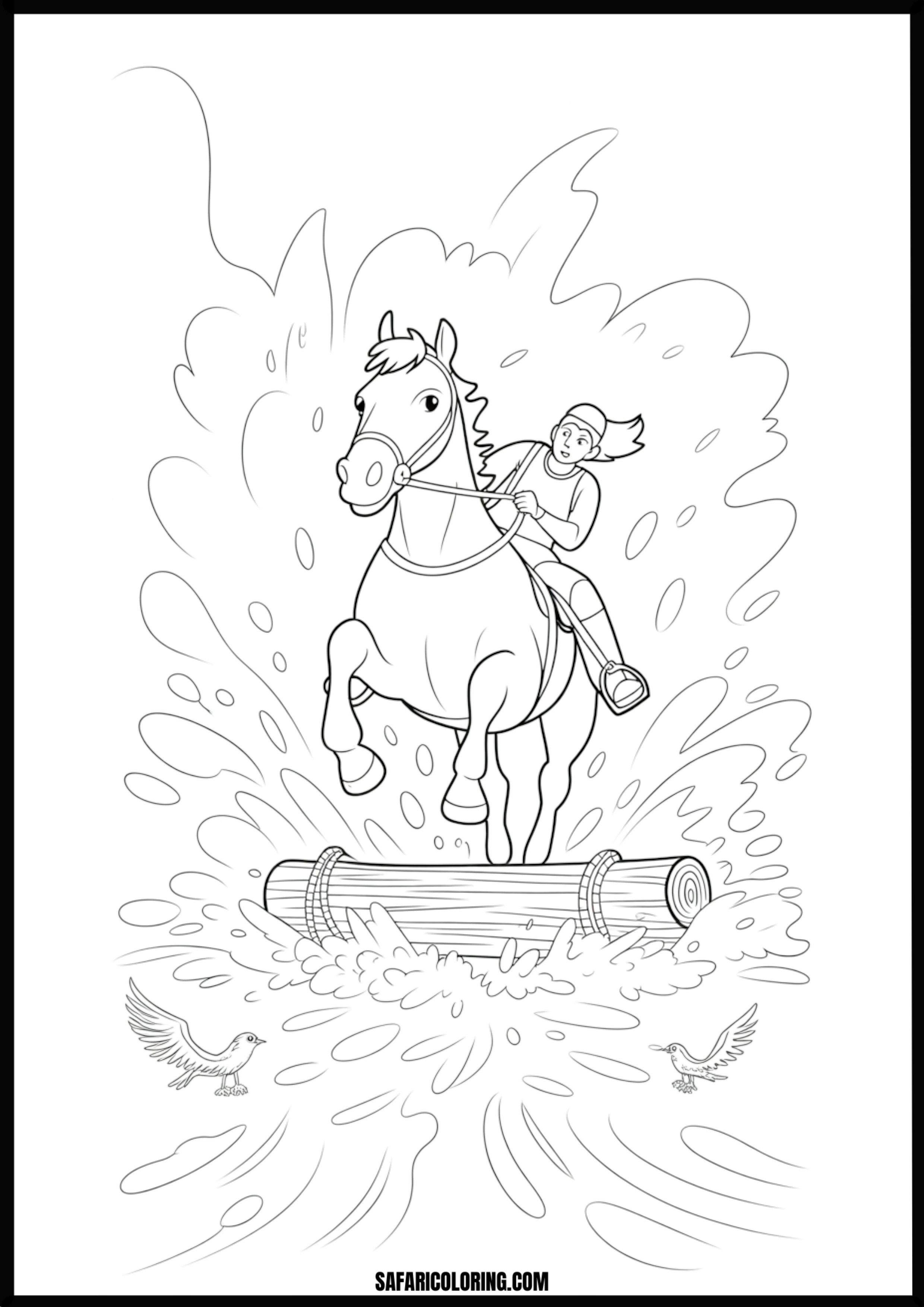 Equestrian horse water jump coloring page