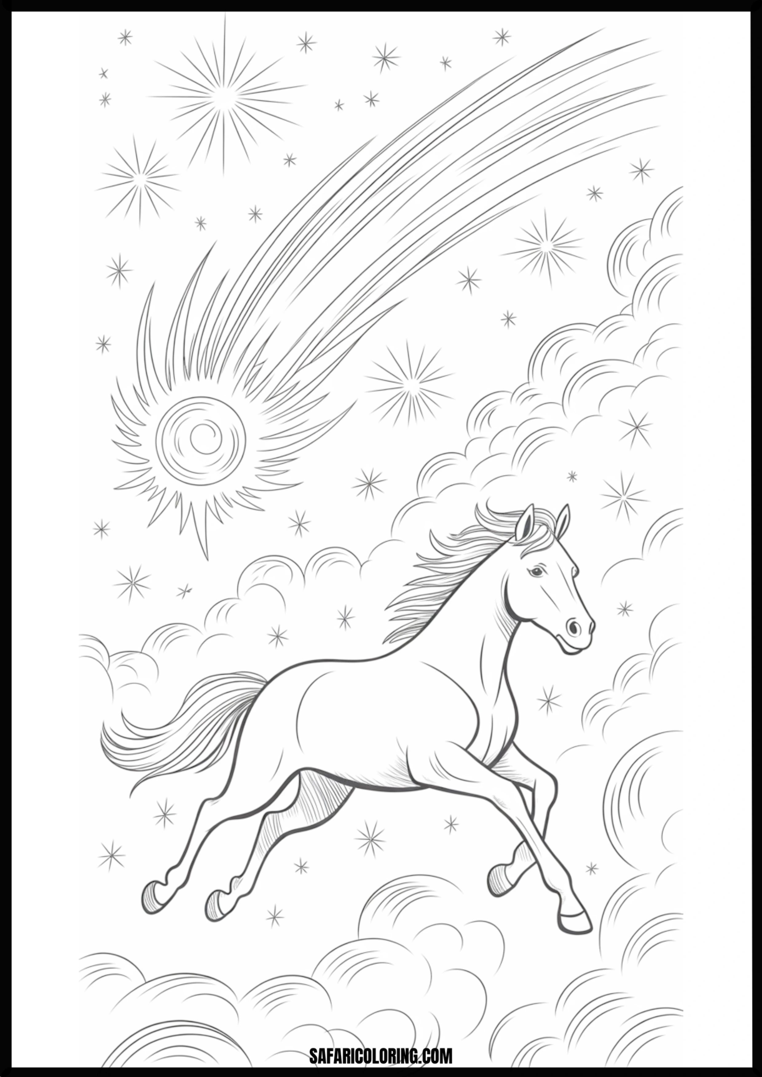 Fantasy horse leaping among stars coloring page