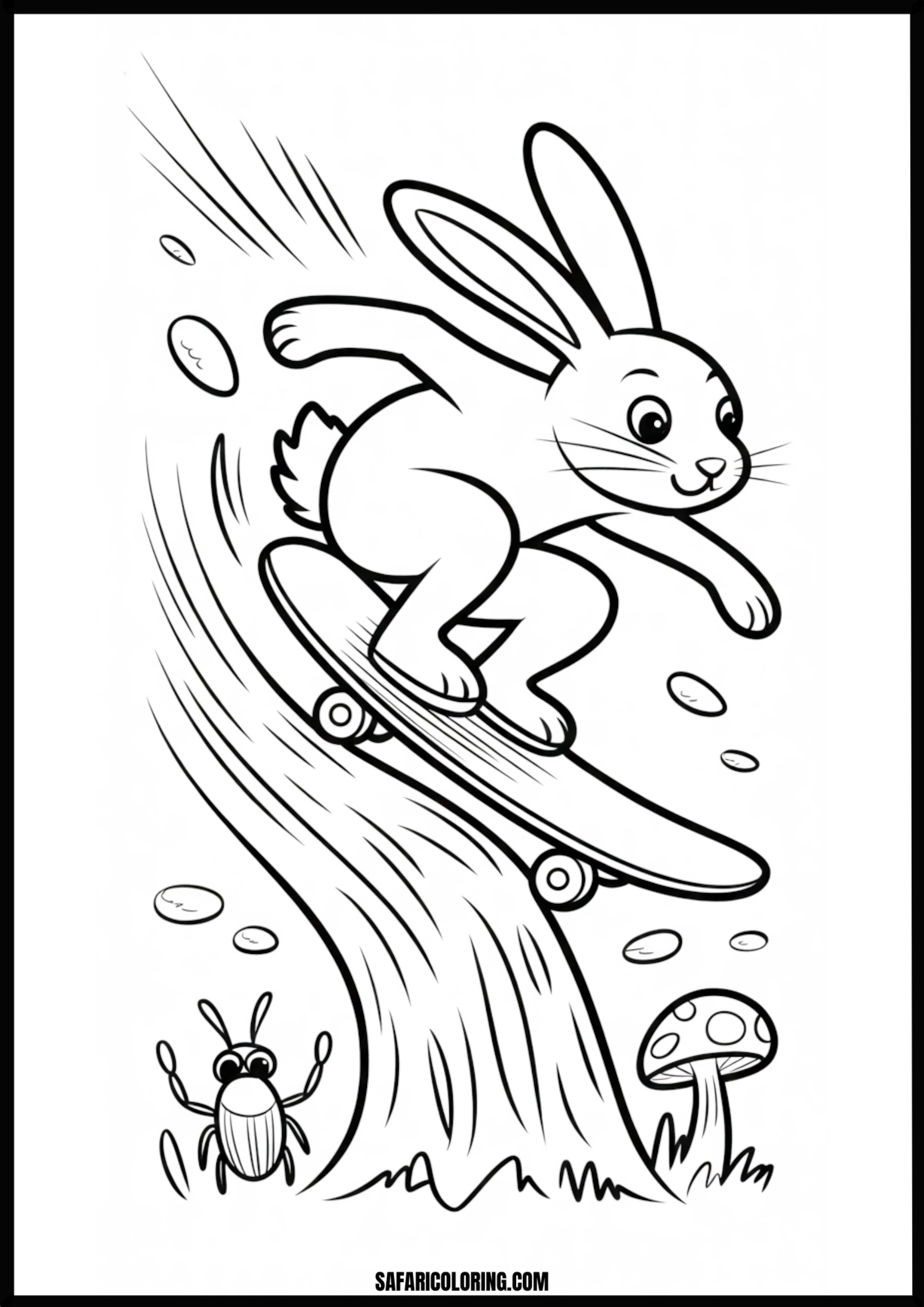Cartoon bunny skateboarding with speed.