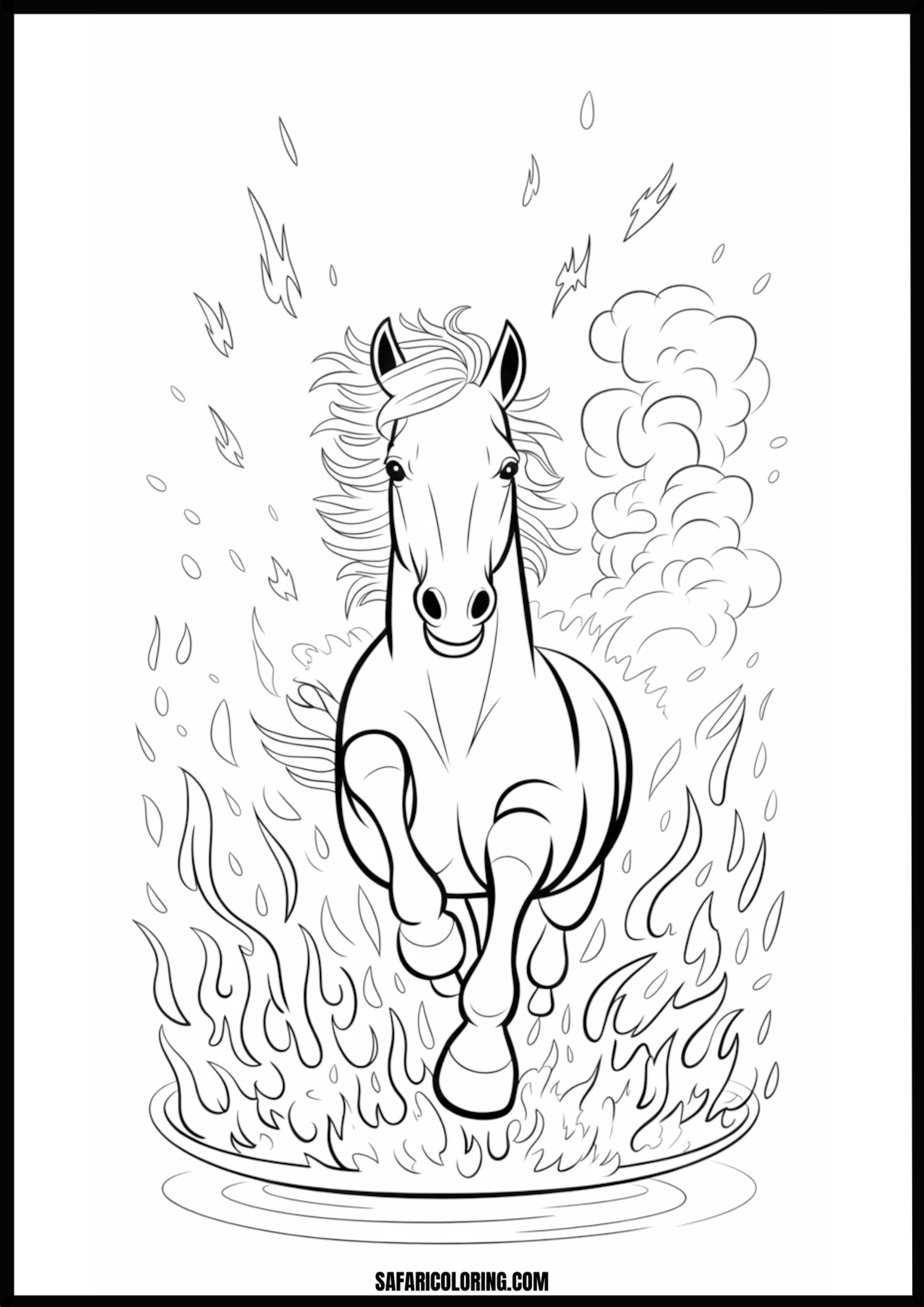Fiery horse running through flames coloring page