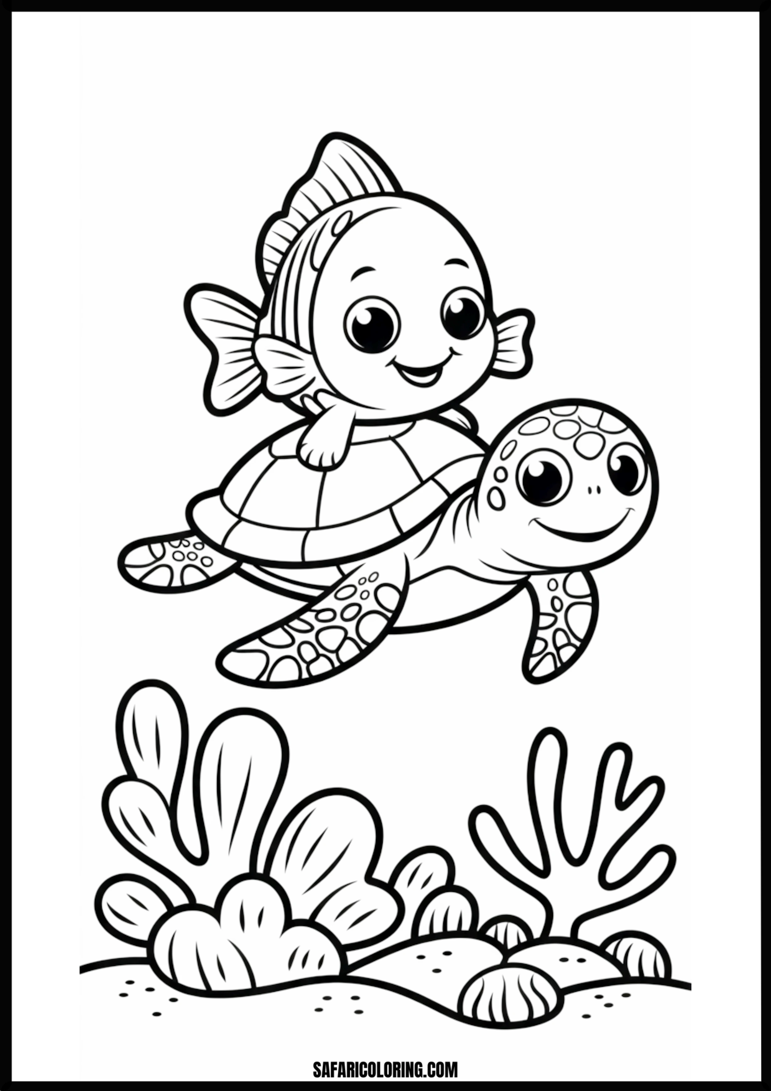 Fish Riding Turtle Coloring Page A friendly fish riding on the back of a sea turtle underwater.