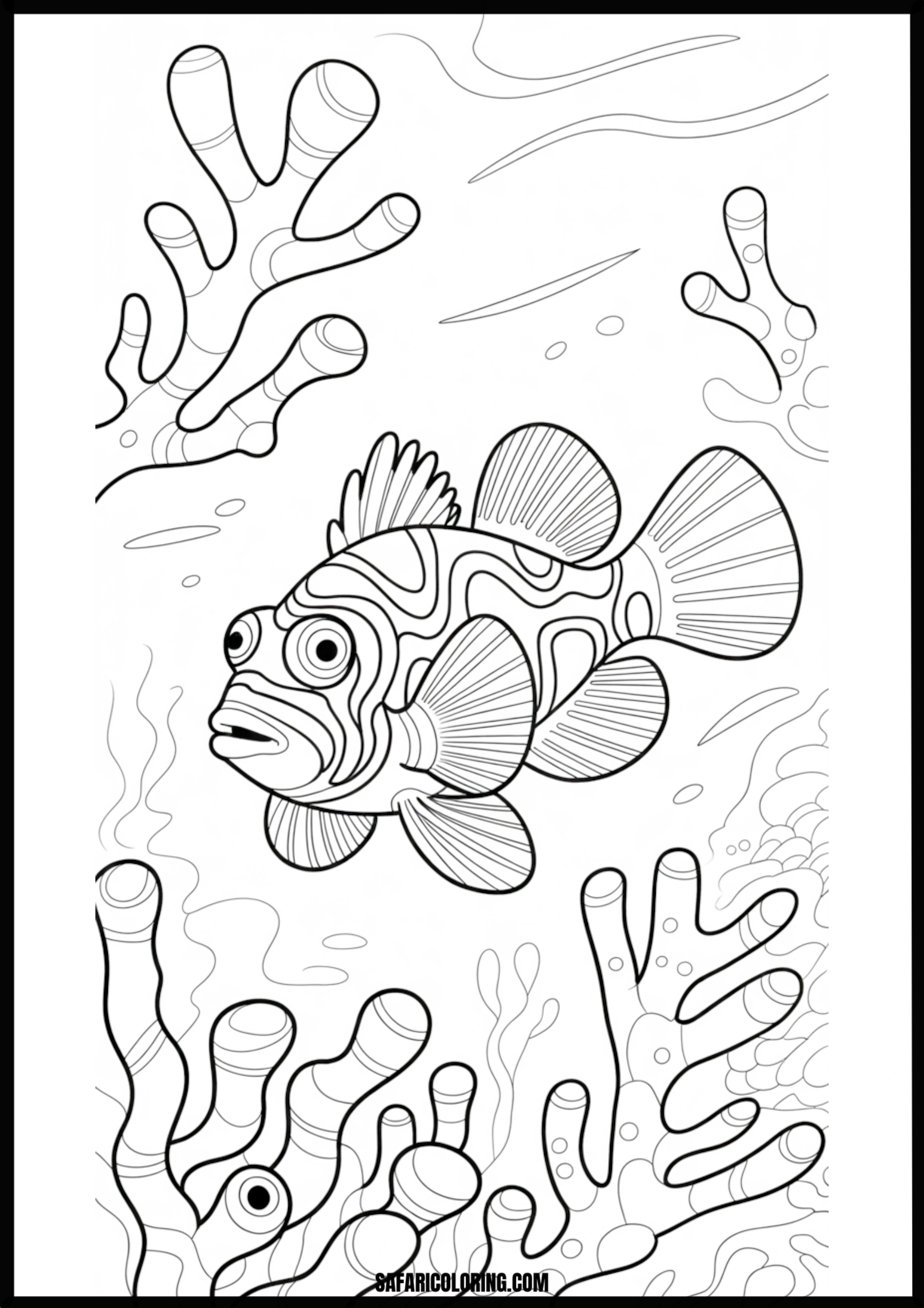 Fish and Coral Coloring Page Various fish swimming around vibrant coral formations.