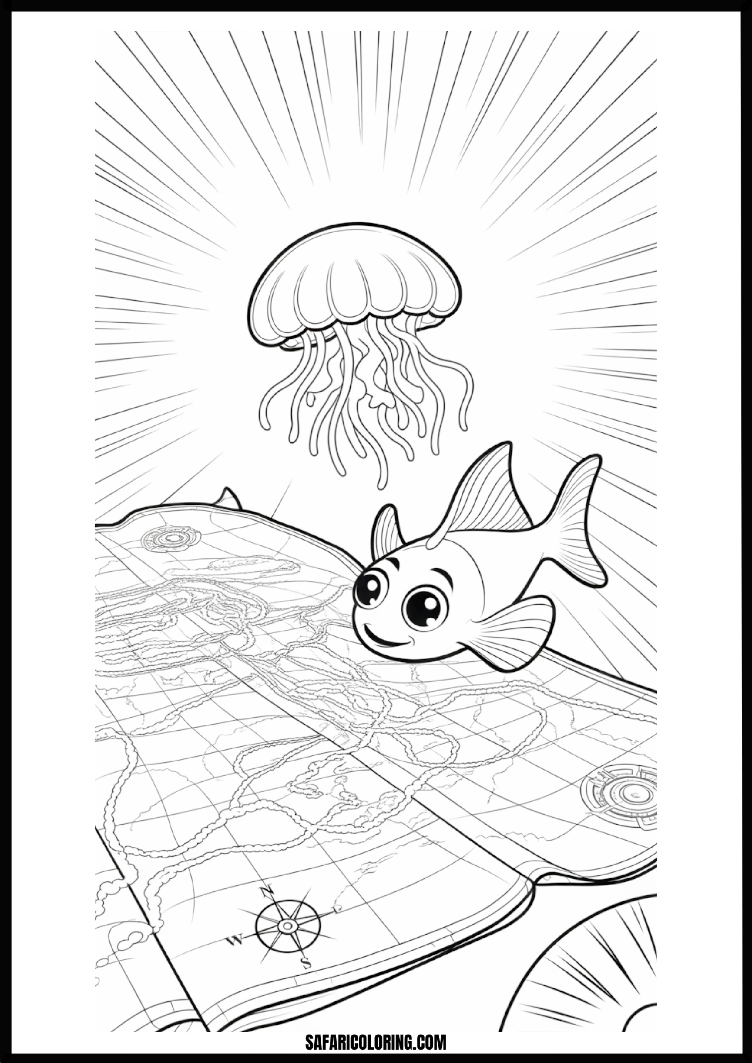 Fish and Jellyfish Map Adventure Coloring Page Cartoon fish and jellyfish on an underwater treasure map adventure.