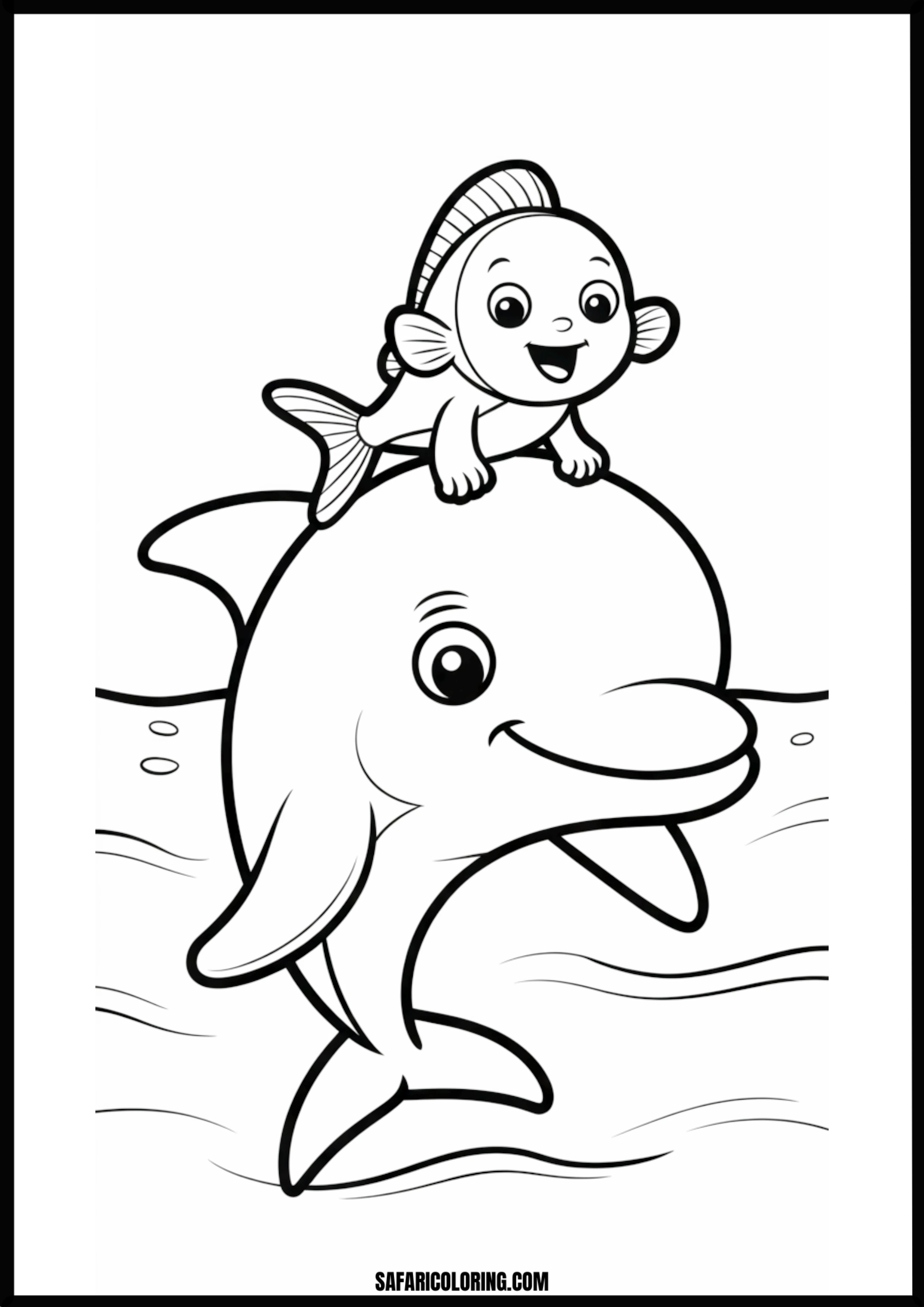 Fish Riding Dolphin Coloring Page Small fish riding on the back of a friendly dolphin