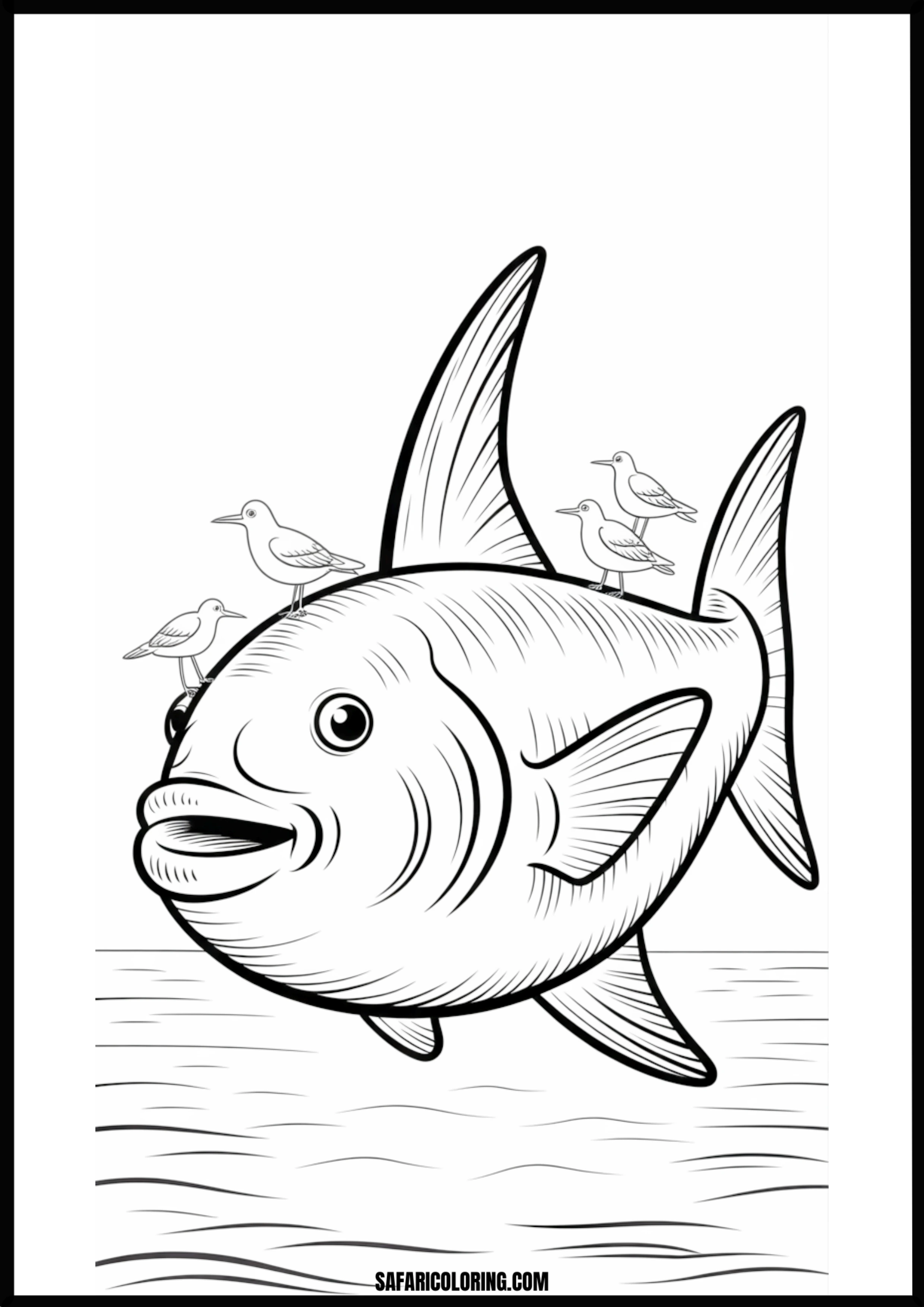 Fish with Birds on its Back Coloring Page A large fish with several birds perched peacefully on its back.