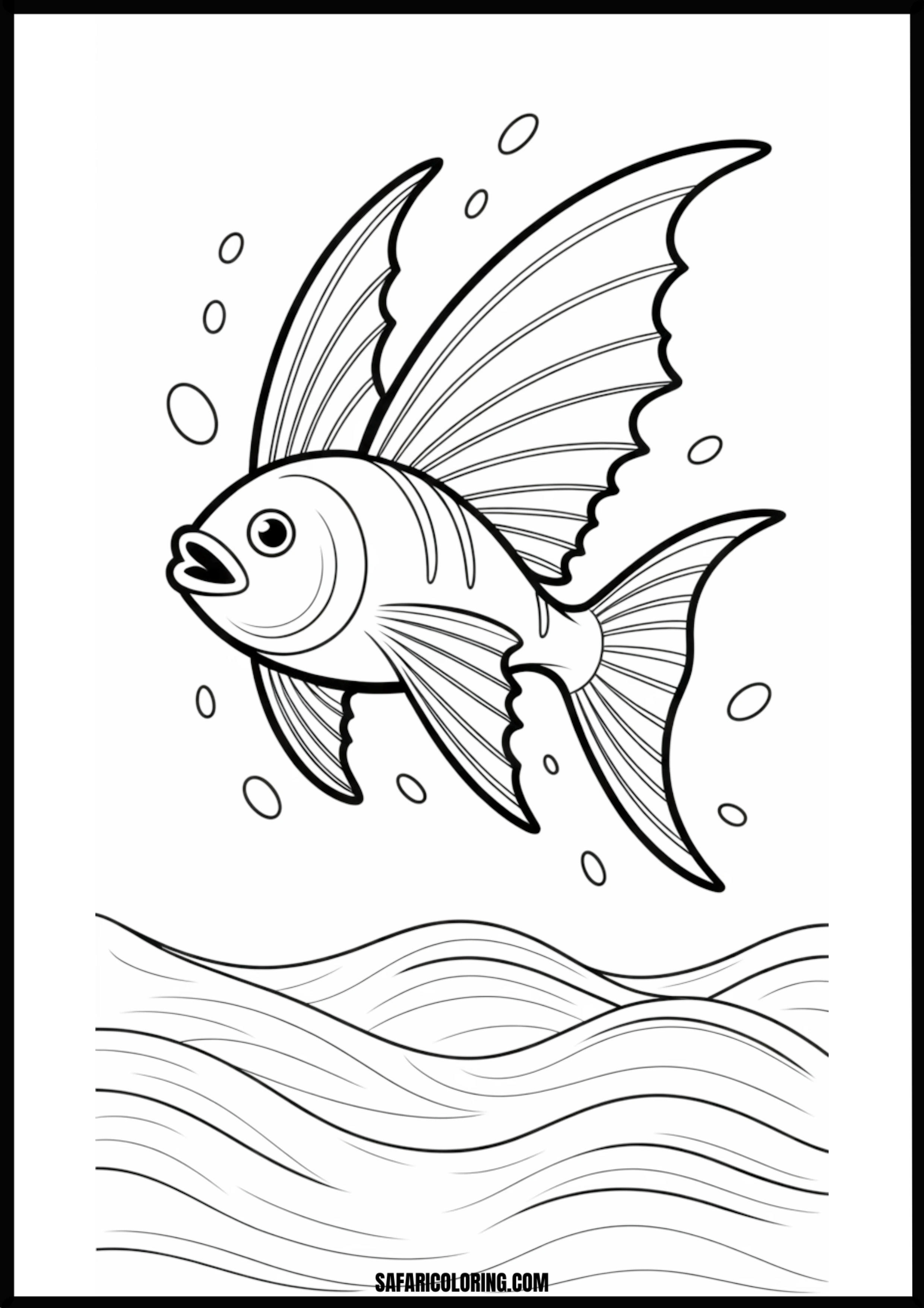 Fish with Large Fins, Bubbles and Waves Coloring Page A fish with large, flowing fins surrounded by bubbles and ocean waves.