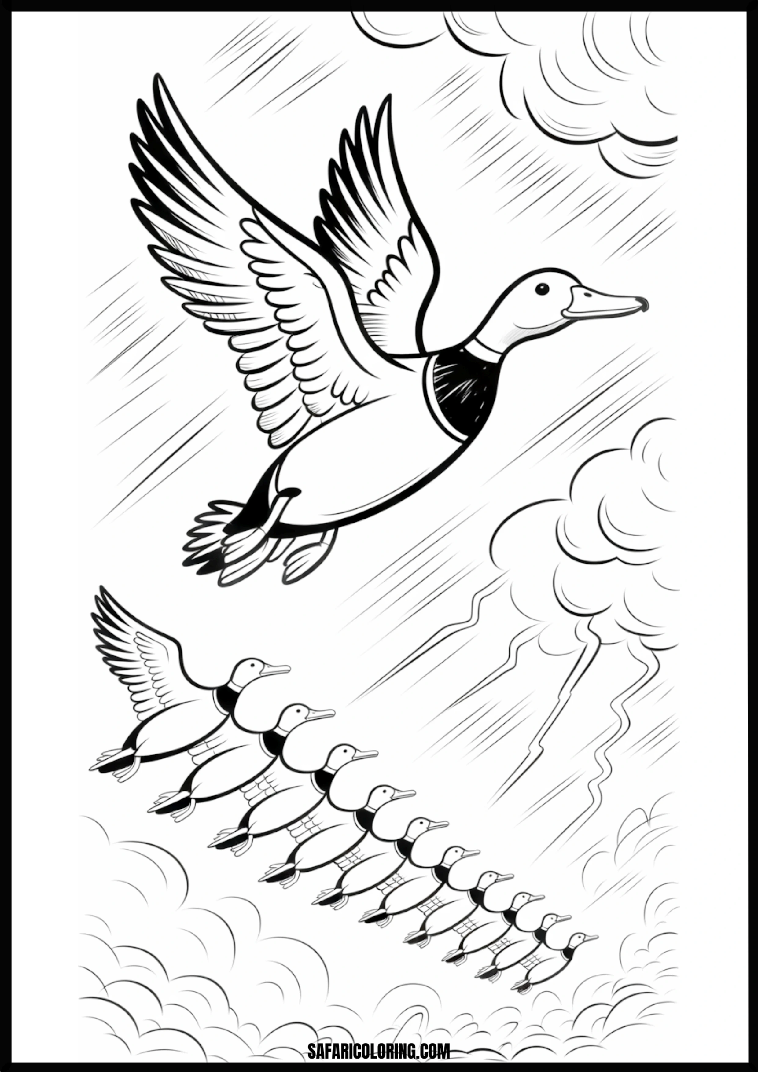 Ducks flying in a graceful formation.