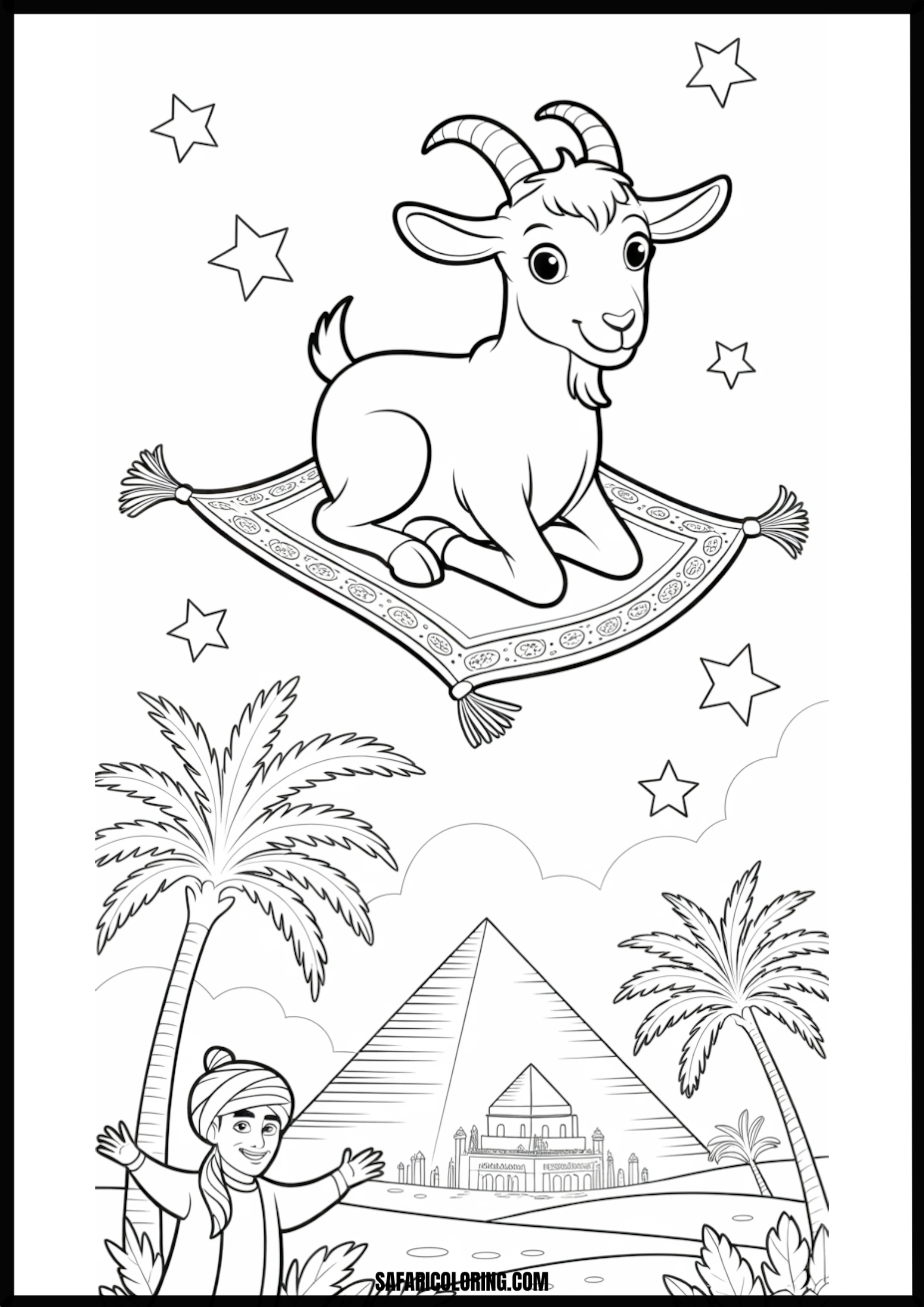 Cartoon goat flying on a magic carpet over Egyptian pyramids.