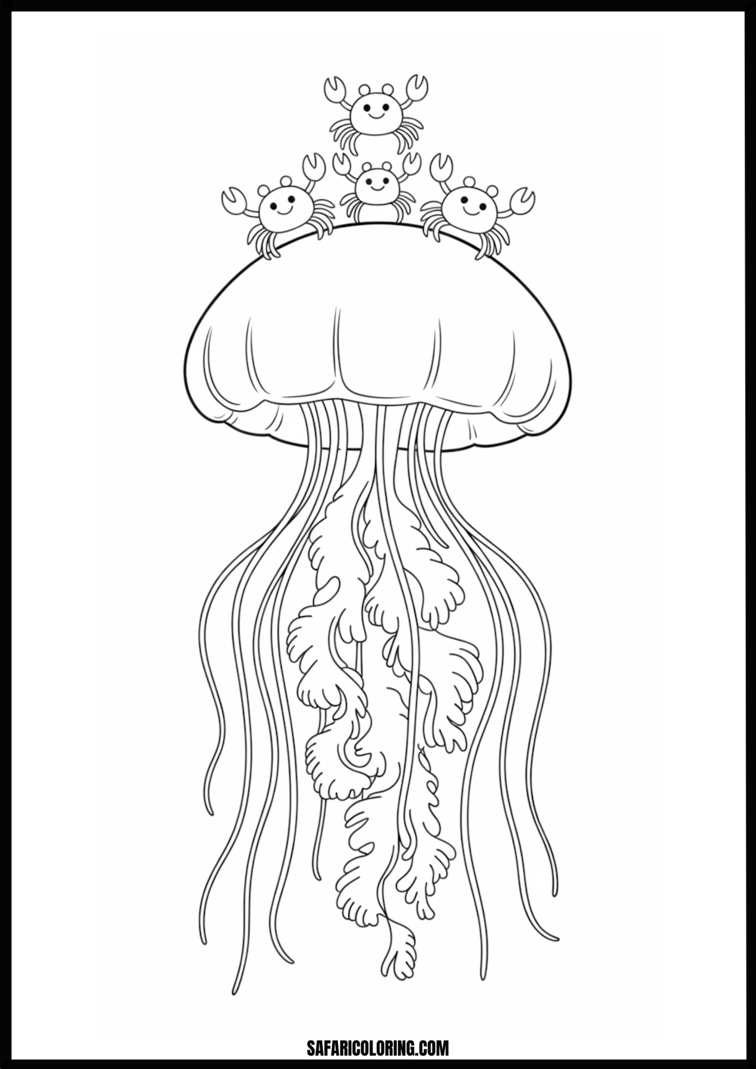 Four Smiling Crabs on a Jellyfish Coloring Page Four happy cartoon crabs riding on a large jellyfish.