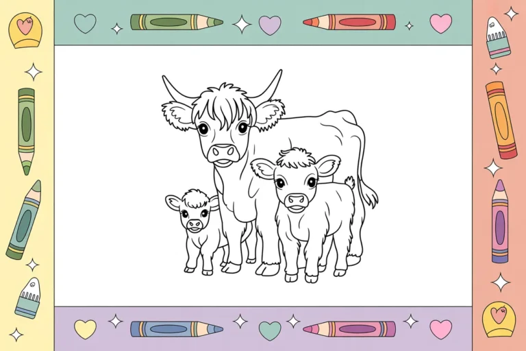 Free cow coloring pages collection featuring Highland cows, baby calves, and realistic farm cow designs for kids and adults