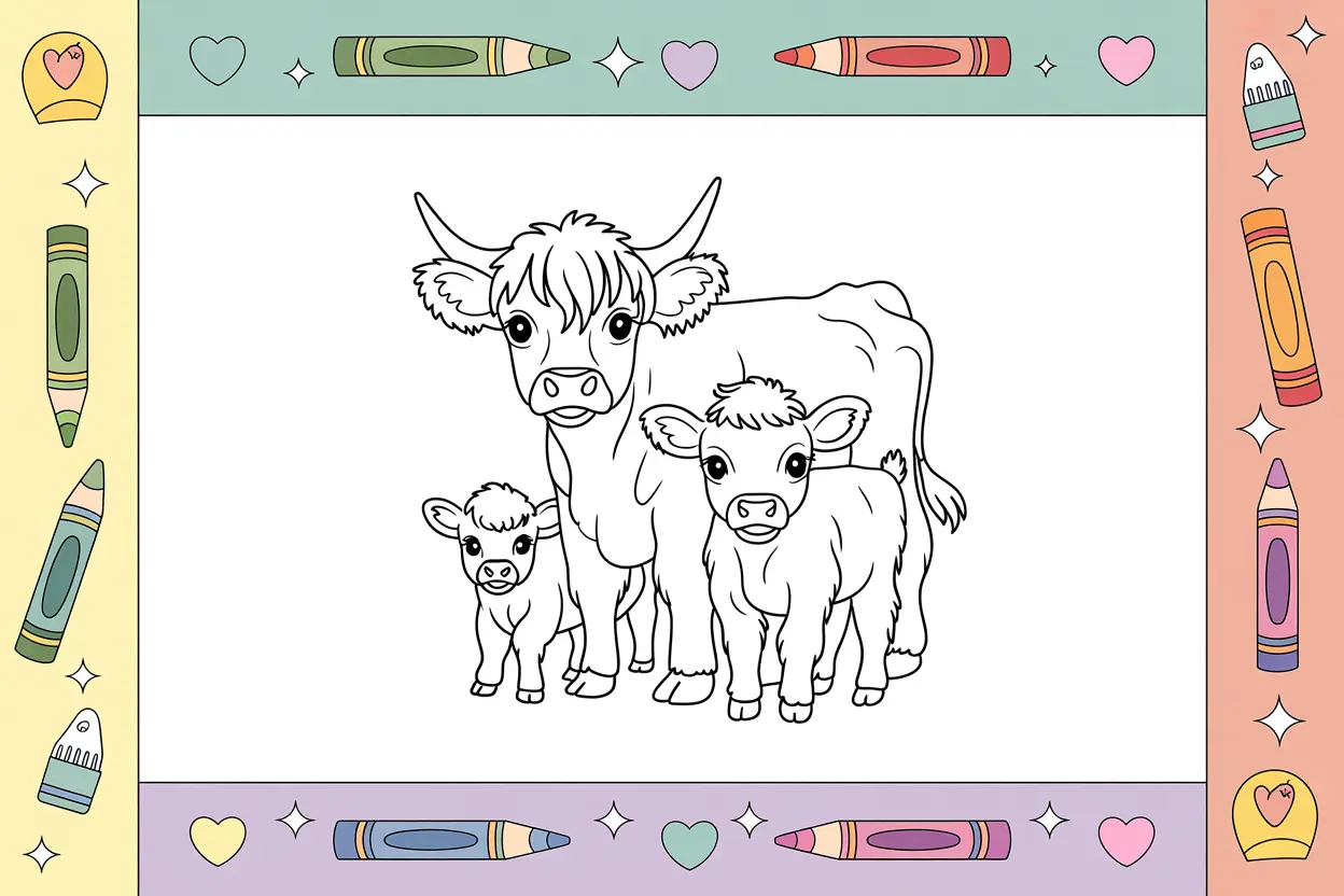 Free cow coloring pages collection featuring Highland cows, baby calves, and realistic farm cow designs for kids and adults