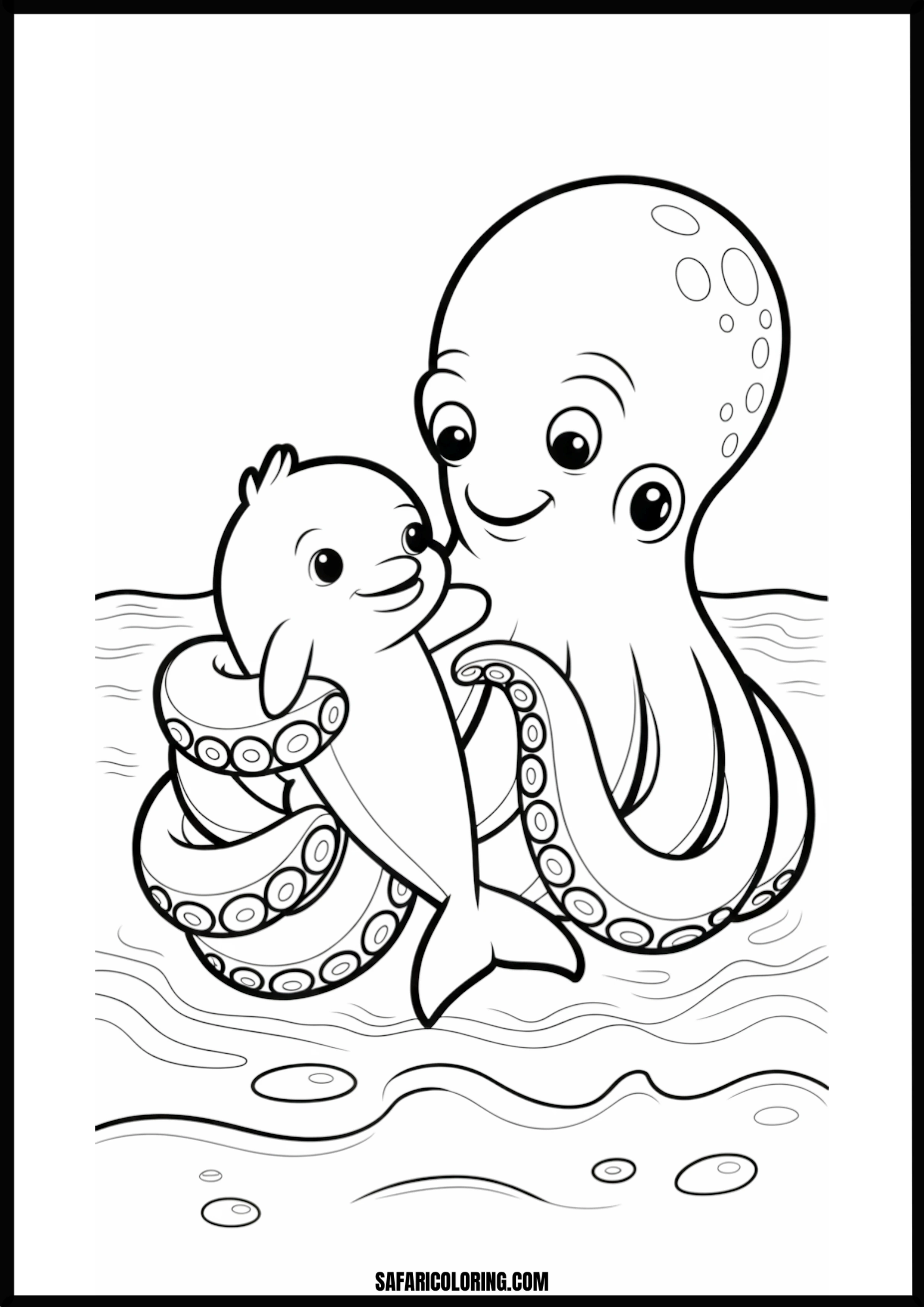 Friendly Octopus & Dolphin Printable Coloring Sheet An outline drawing of a octopus dolphin for coloring.