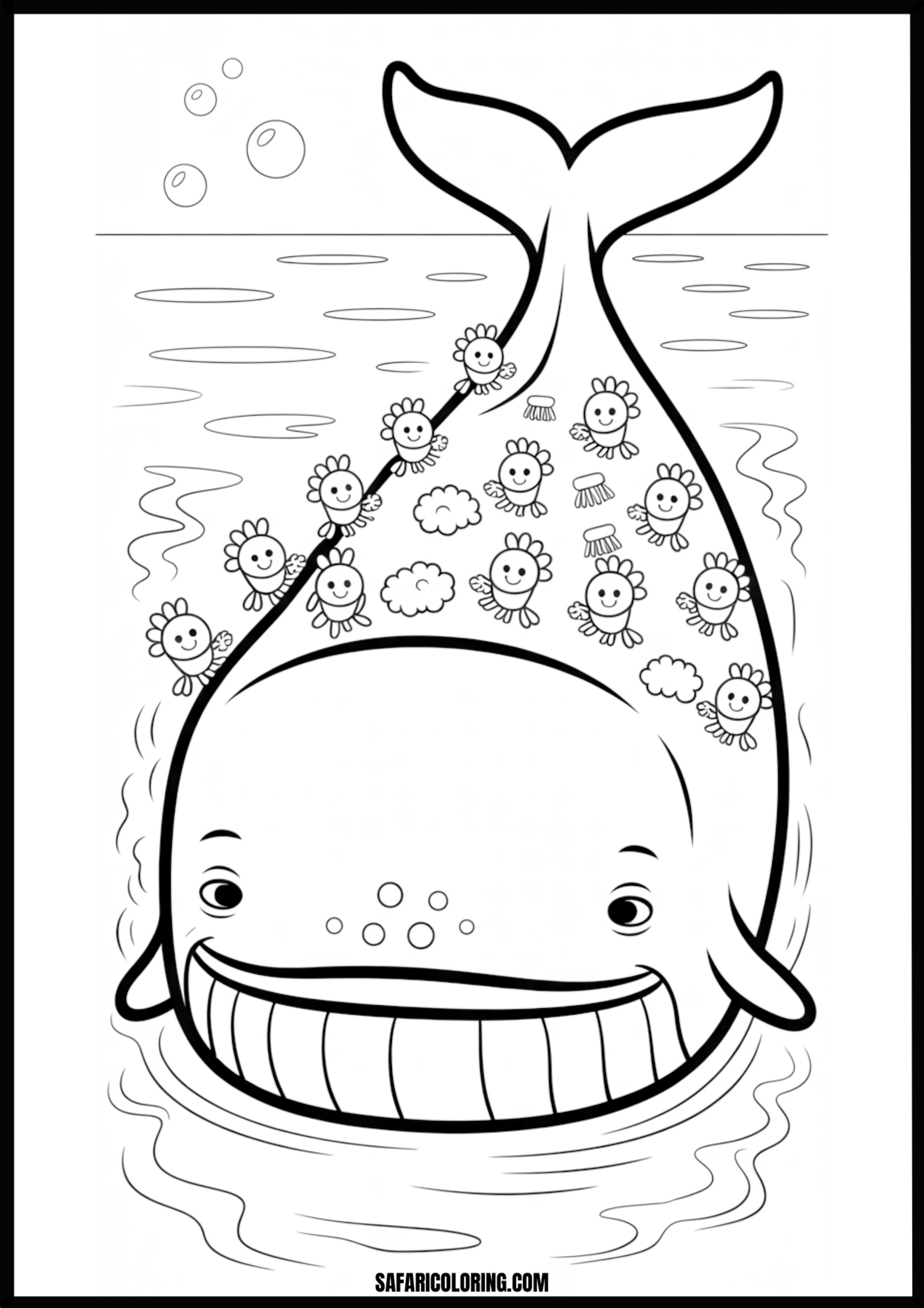 Friendly Whale and Its Ocean Friends Coloring Fun Coloring page of a friendly whale with its ocean friends.