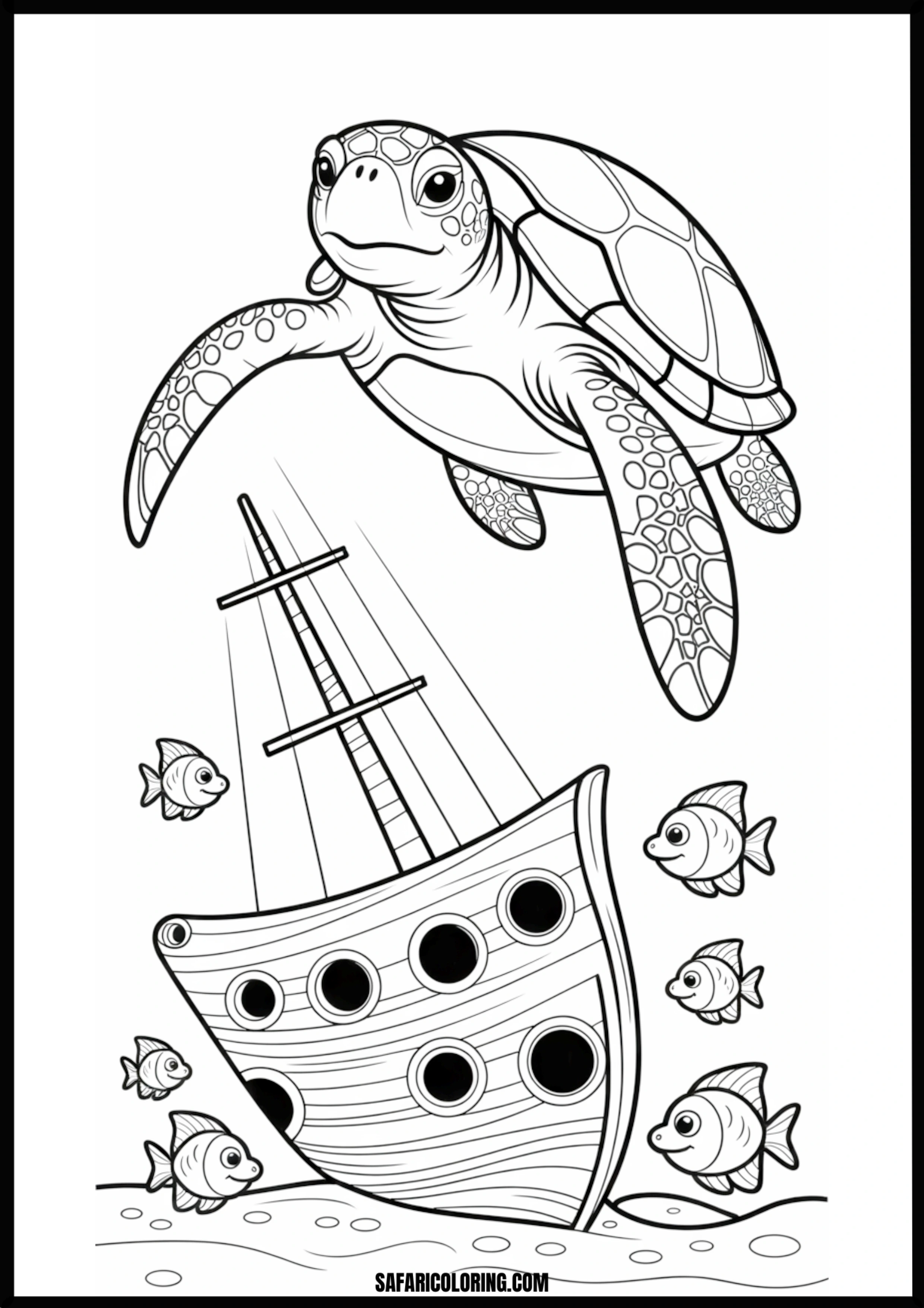 Friendly Sea Turtle Explores Shipwreck with Fish Coloring Page A friendly sea turtle exploring a shipwreck with small fish.