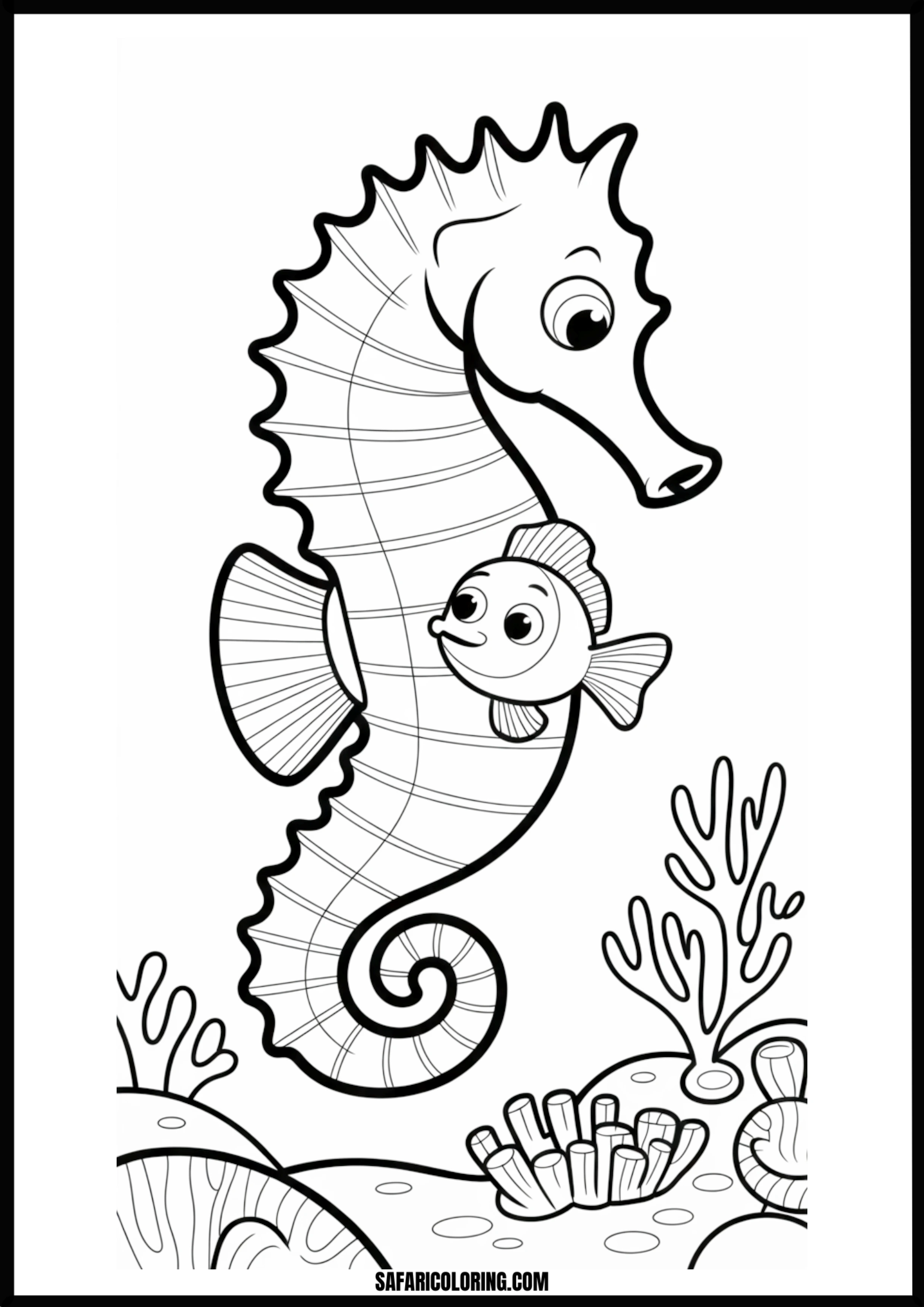 Printable Friendly Seahorse and Fish Coloring page of a friendly seahorse swimming with a fish.