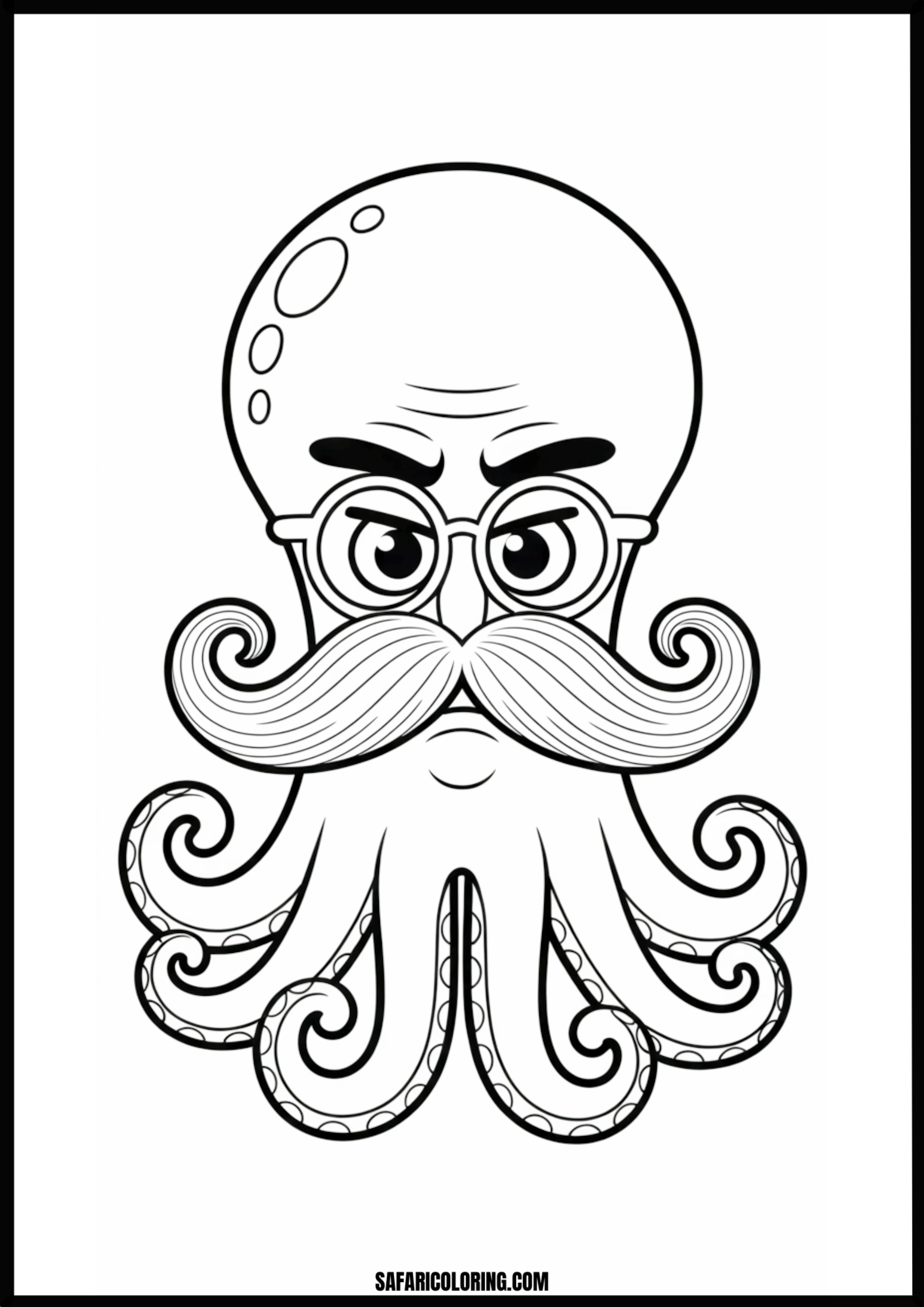 Gentleman Octopus Curly Mustache Glasses Printable Coloring Sheet An outline drawing of a octopus gentleman for coloring.