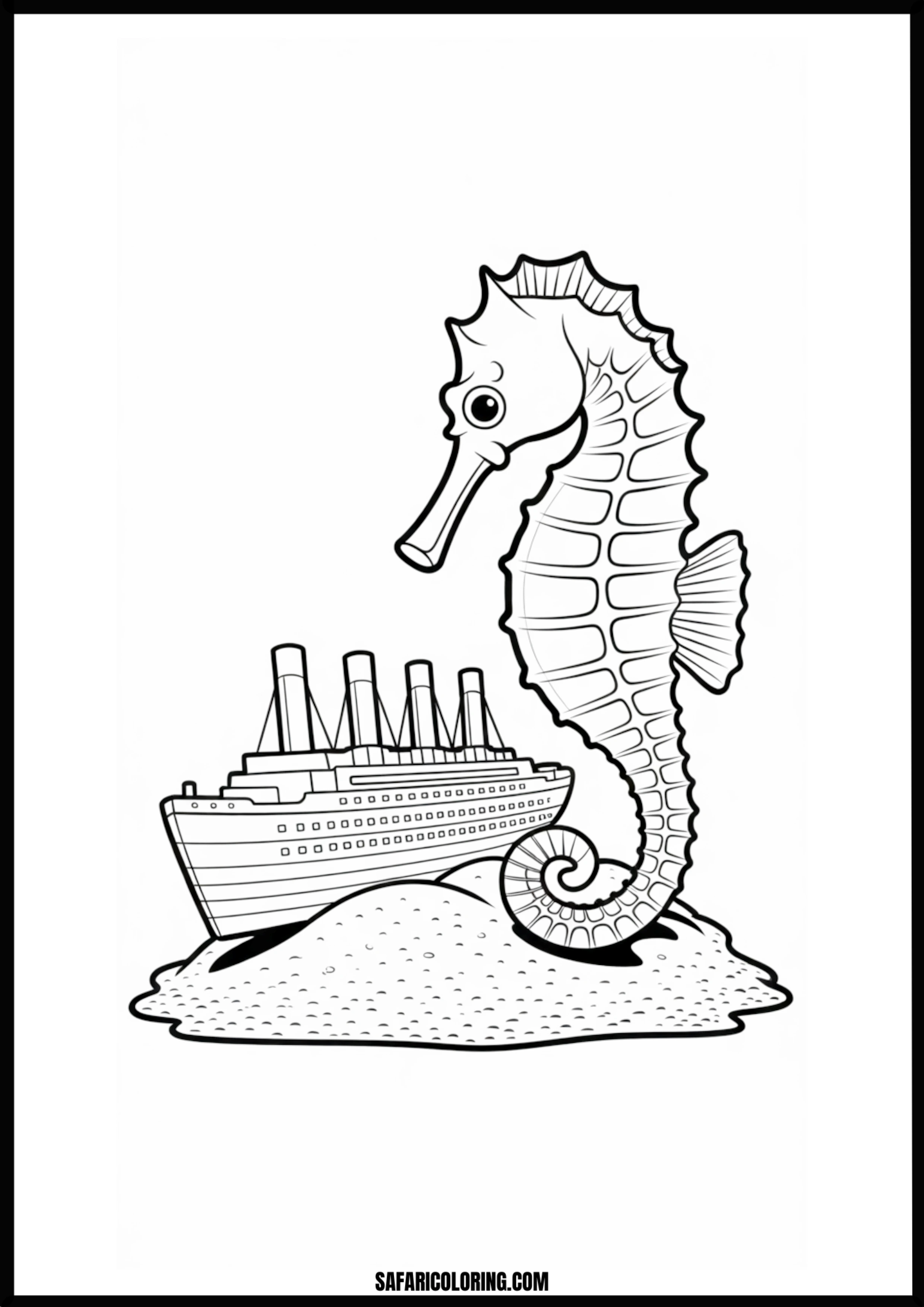 Printable Giant Seahorse Ship Coloring page of a giant seahorse with an underwater ship.
