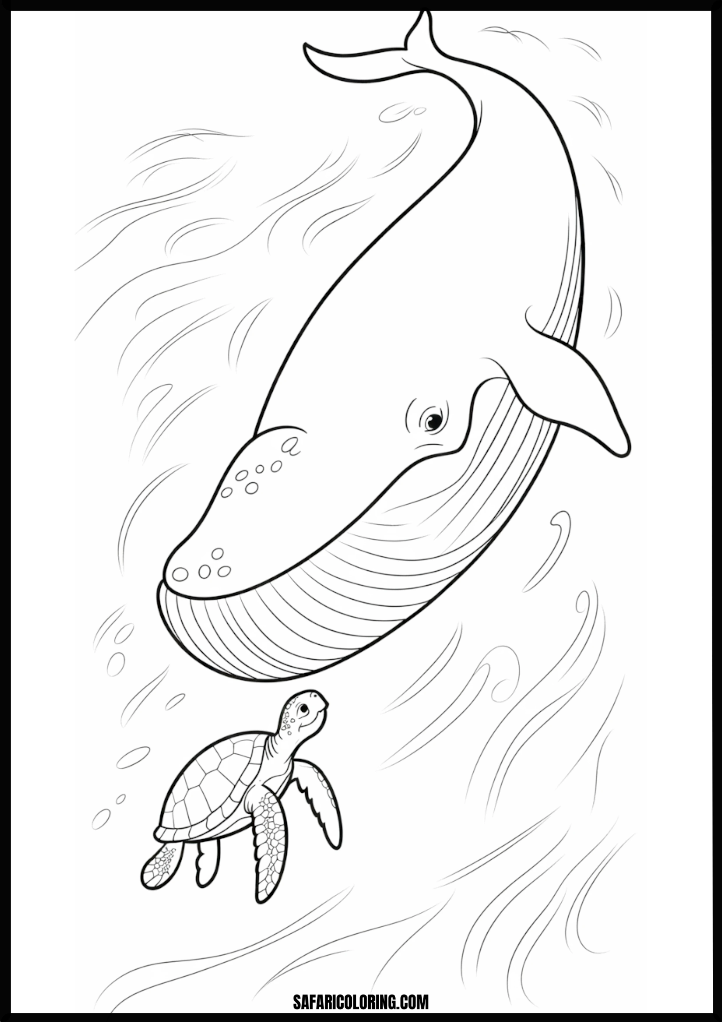 Giant Whale and Little Turtle Underwater Coloring Coloring page of a giant whale and a little turtle underwater.