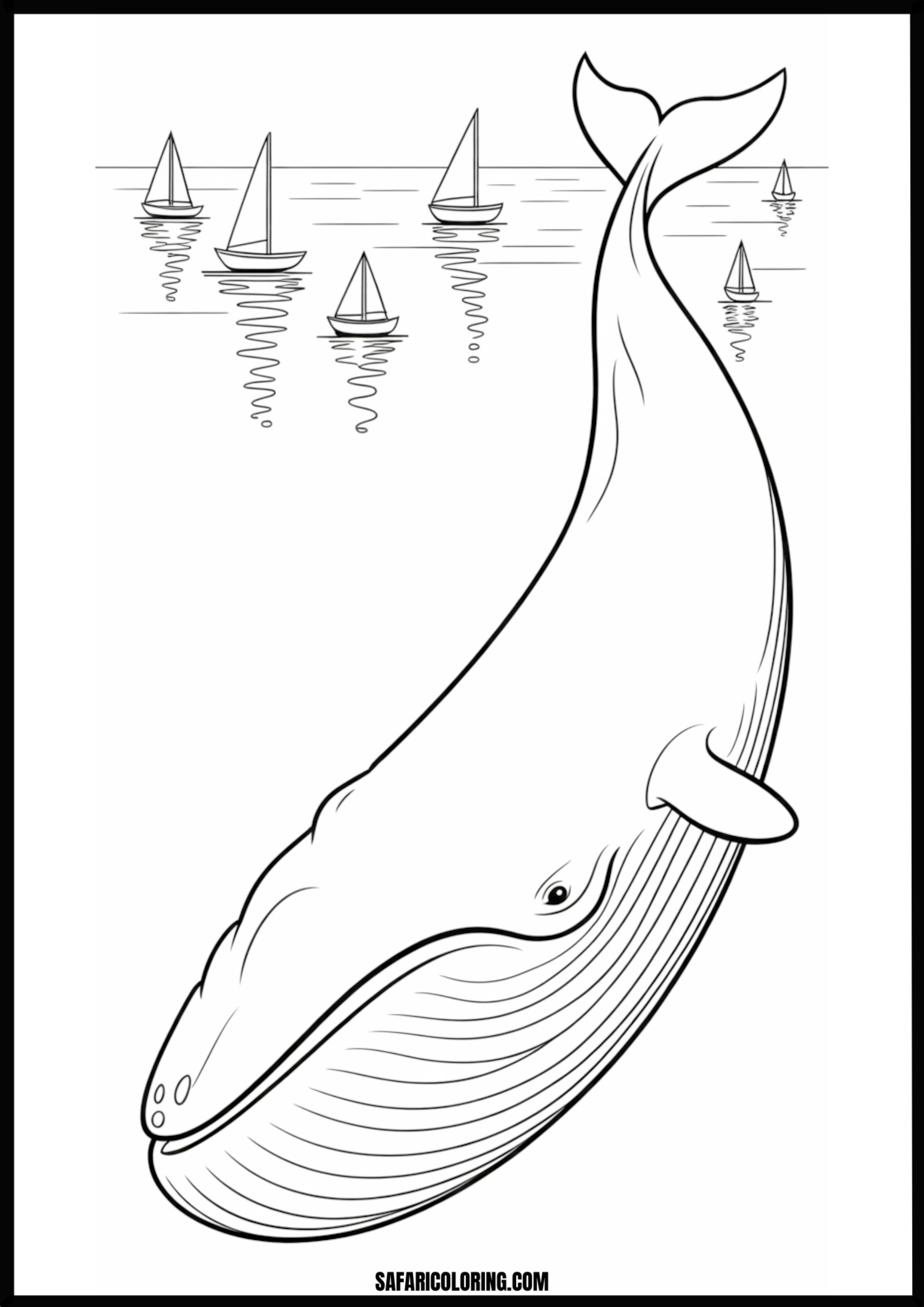 Giant Whale and Sailboats Ocean Scene Coloring Coloring page of a giant whale swimming near sailboats.