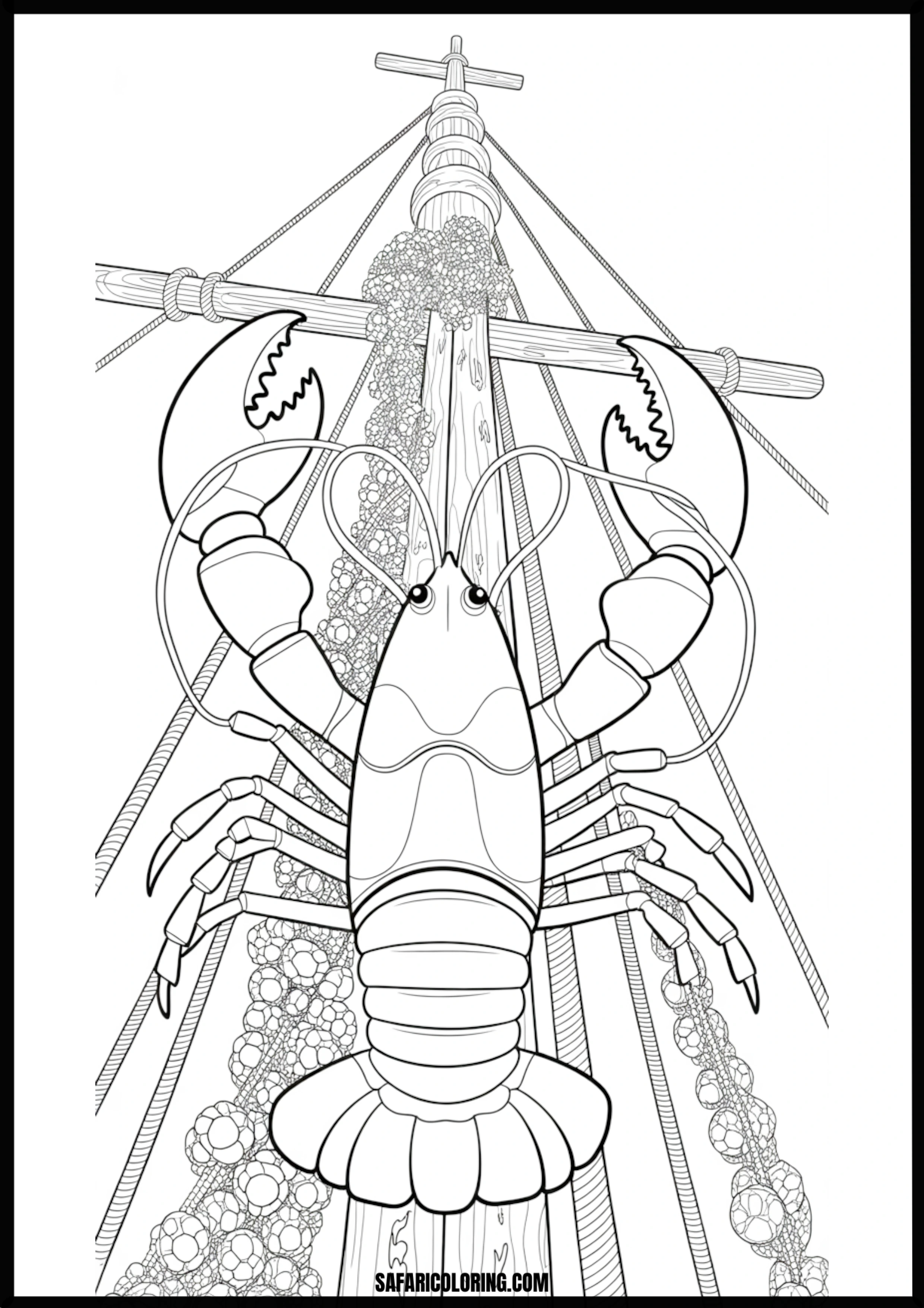 Color the Giant Lobster on Ship Mast A giant lobster on a ship mast with bubbles.