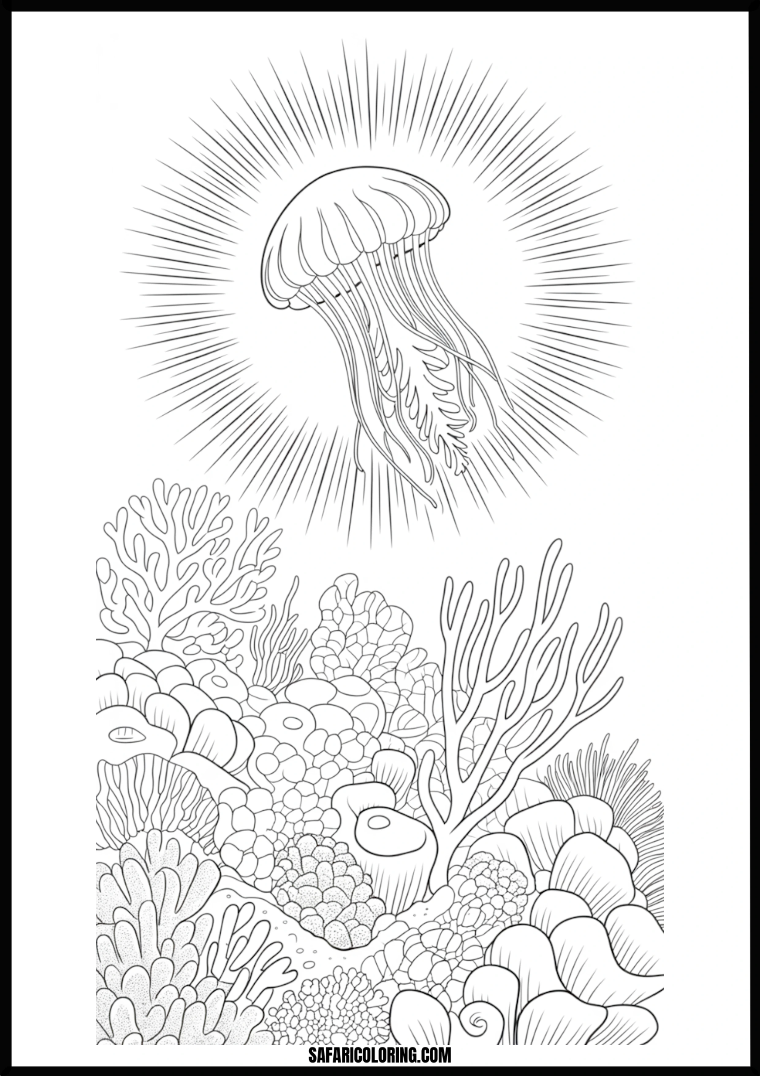 Glowing Jellyfish and Detailed Coral Coloring Page Glowing jellyfish amidst a vibrant and detailed underwater coral reef.