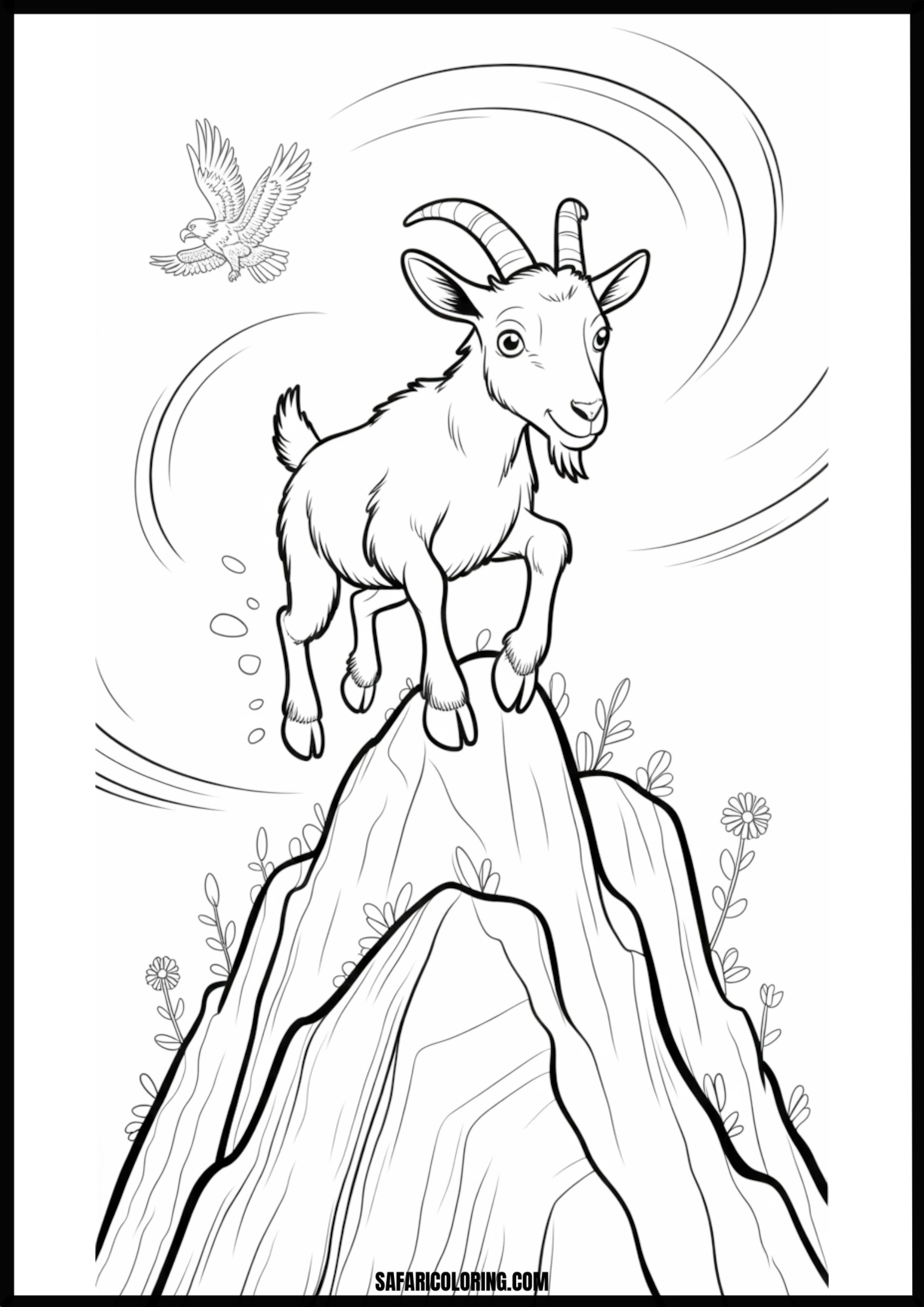 Cartoon goat and eagle standing together on a mountain peak.