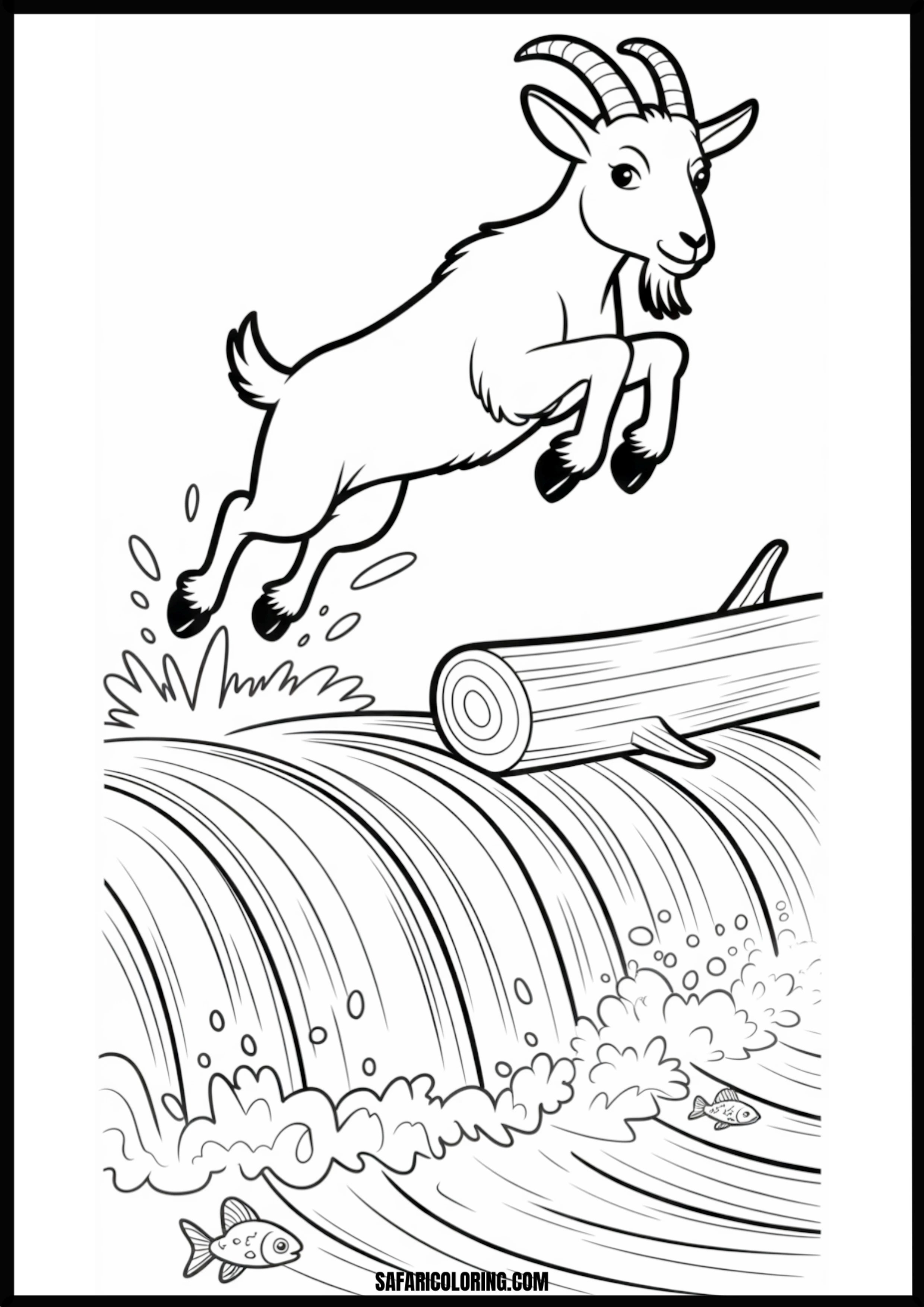 Cartoon goat jumping over a log with a waterfall behind it.