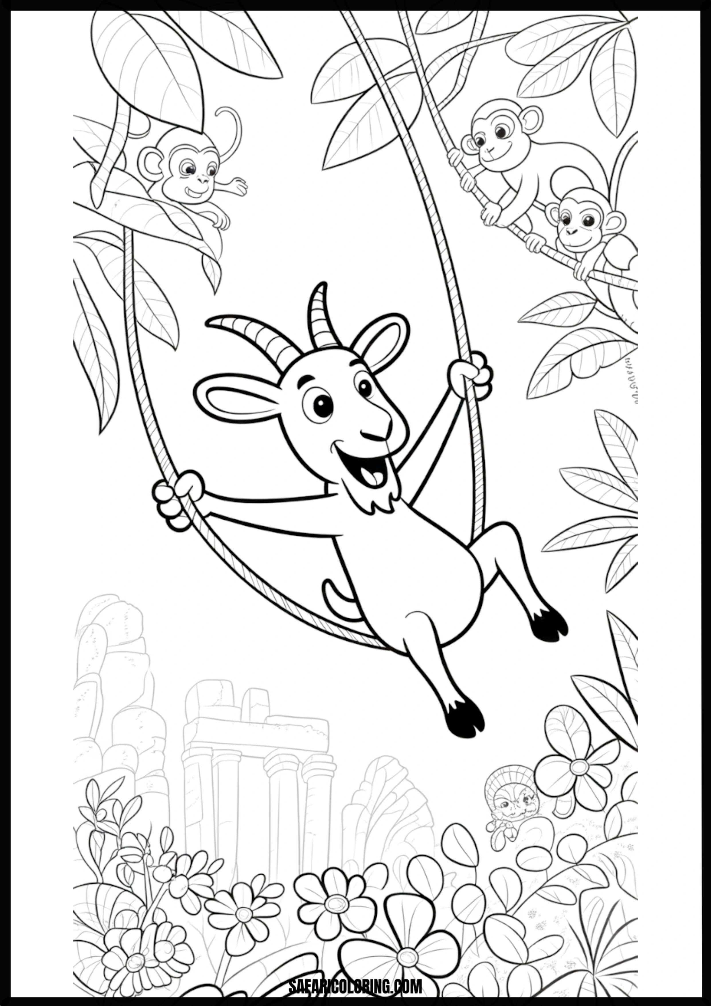 Cartoon goat swinging on a vine with monkeys in a jungle.