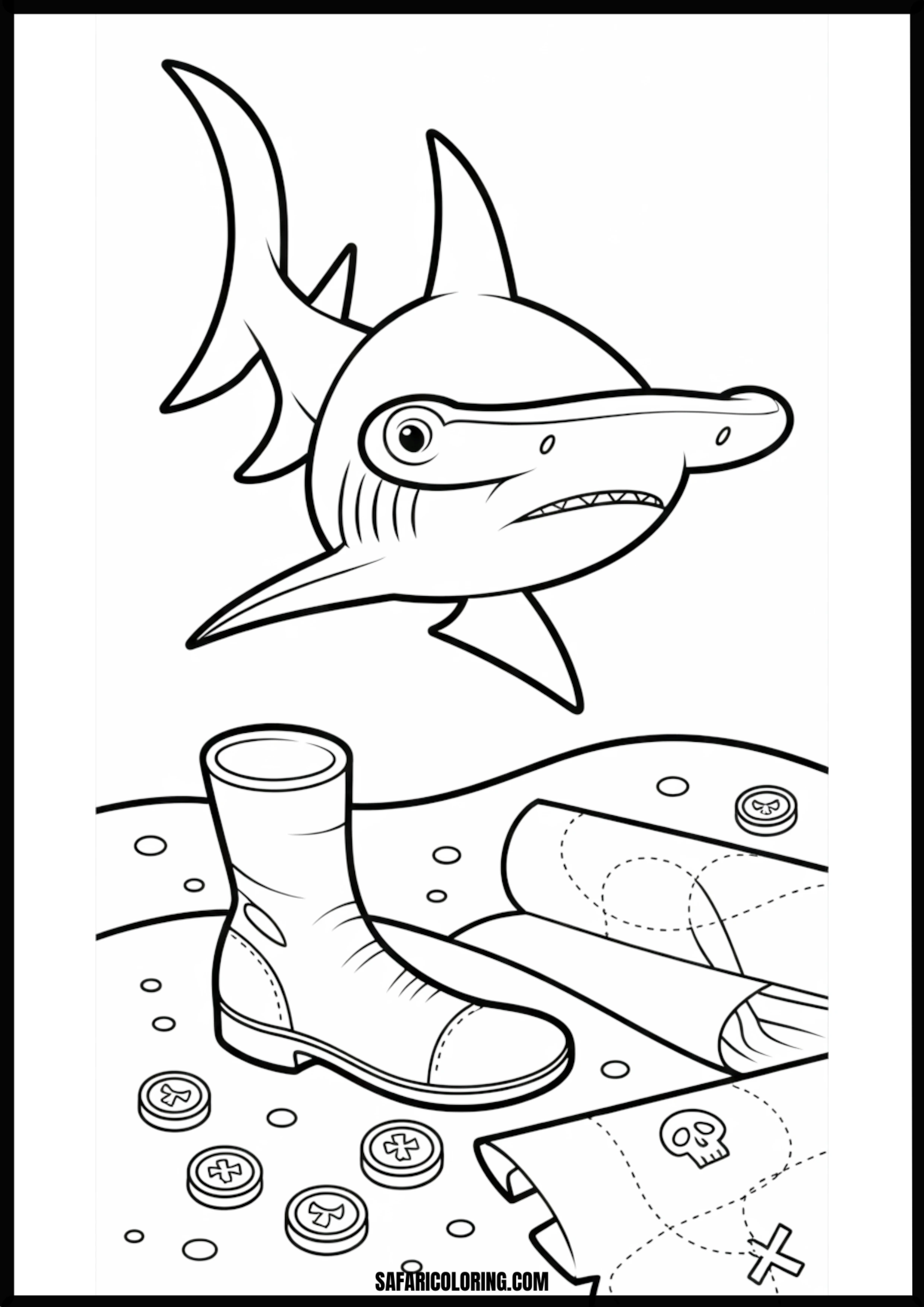 Hammerhead Shark and Pirate Treasure Coloring Page A hammerhead shark swimming near a pirate treasure chest.