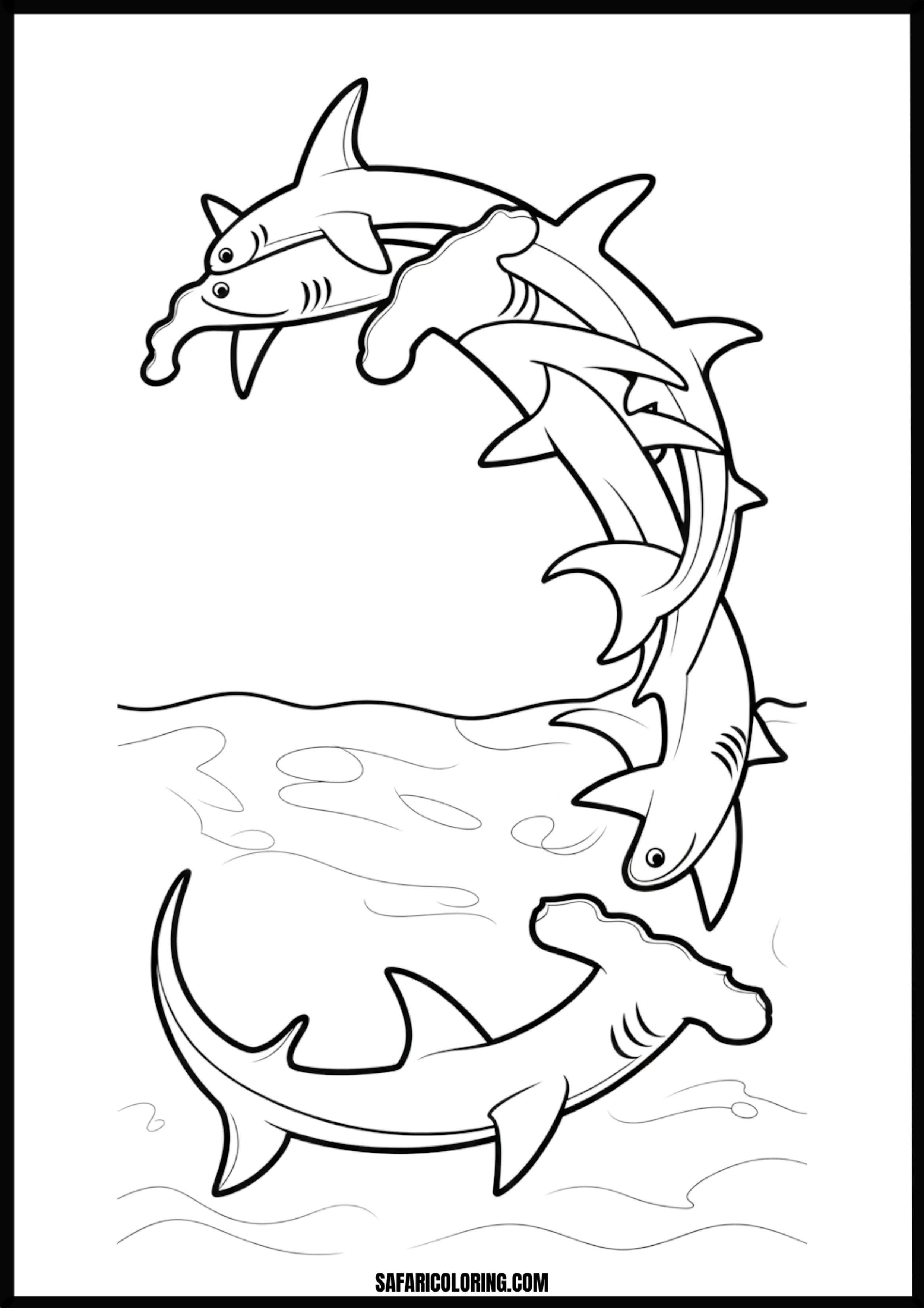 Hammerhead Sharks Coloring Page Several hammerhead sharks swimming