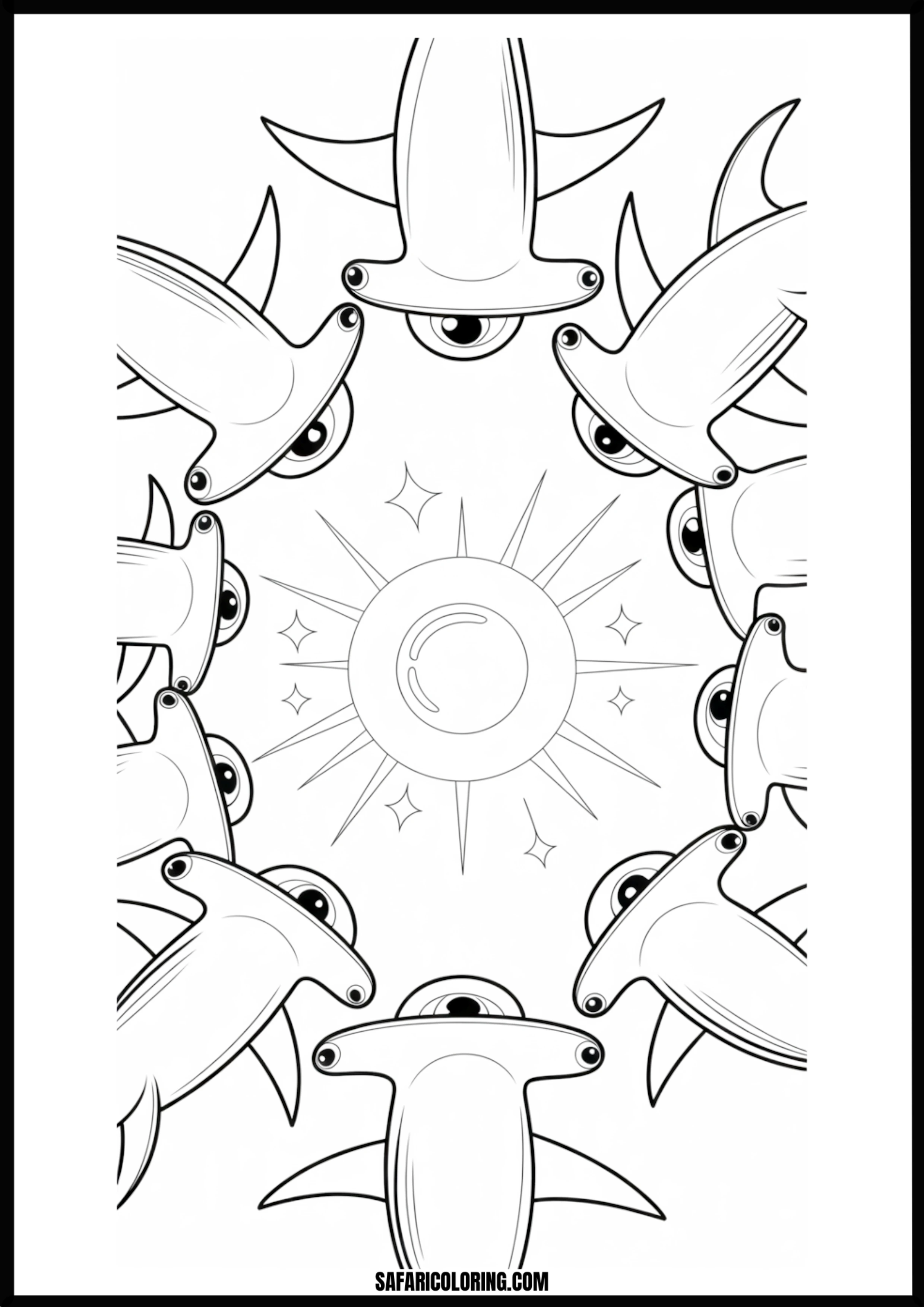 Hammerhead Sharks Surrounding Sun Coloring Page Hammerhead sharks surrounding the sun