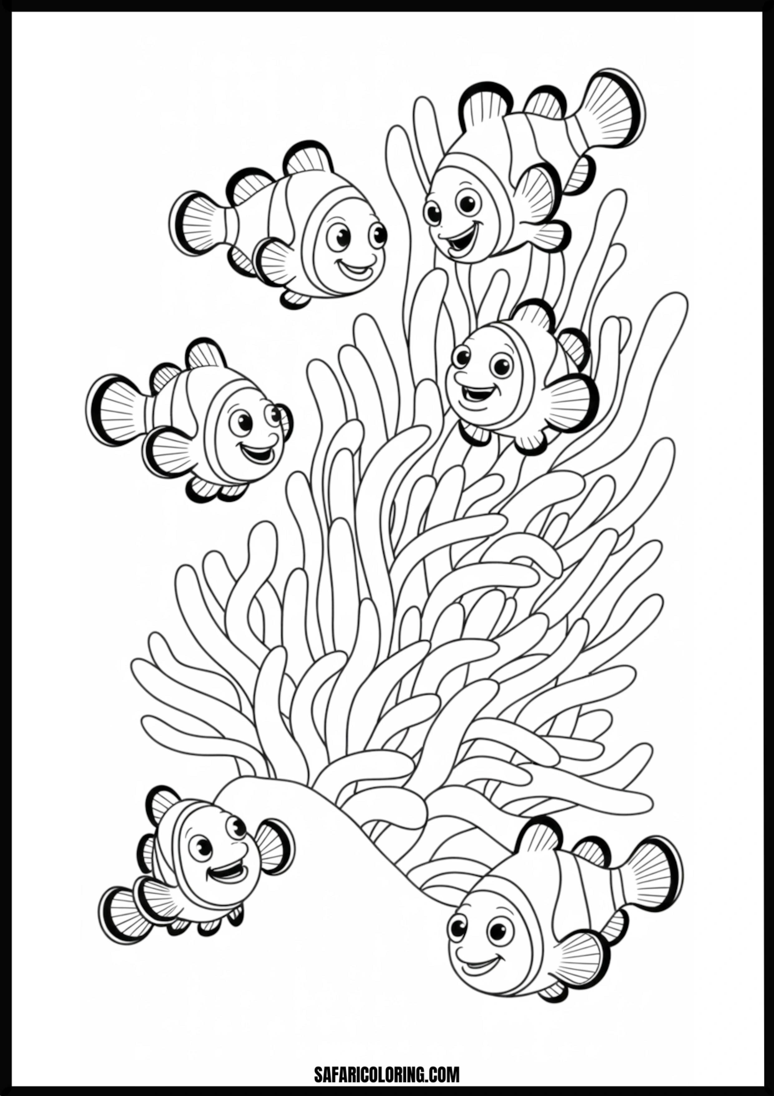 Happy Clownfish Anemone Coloring Page A happy clownfish peeking out from a sea anemone.