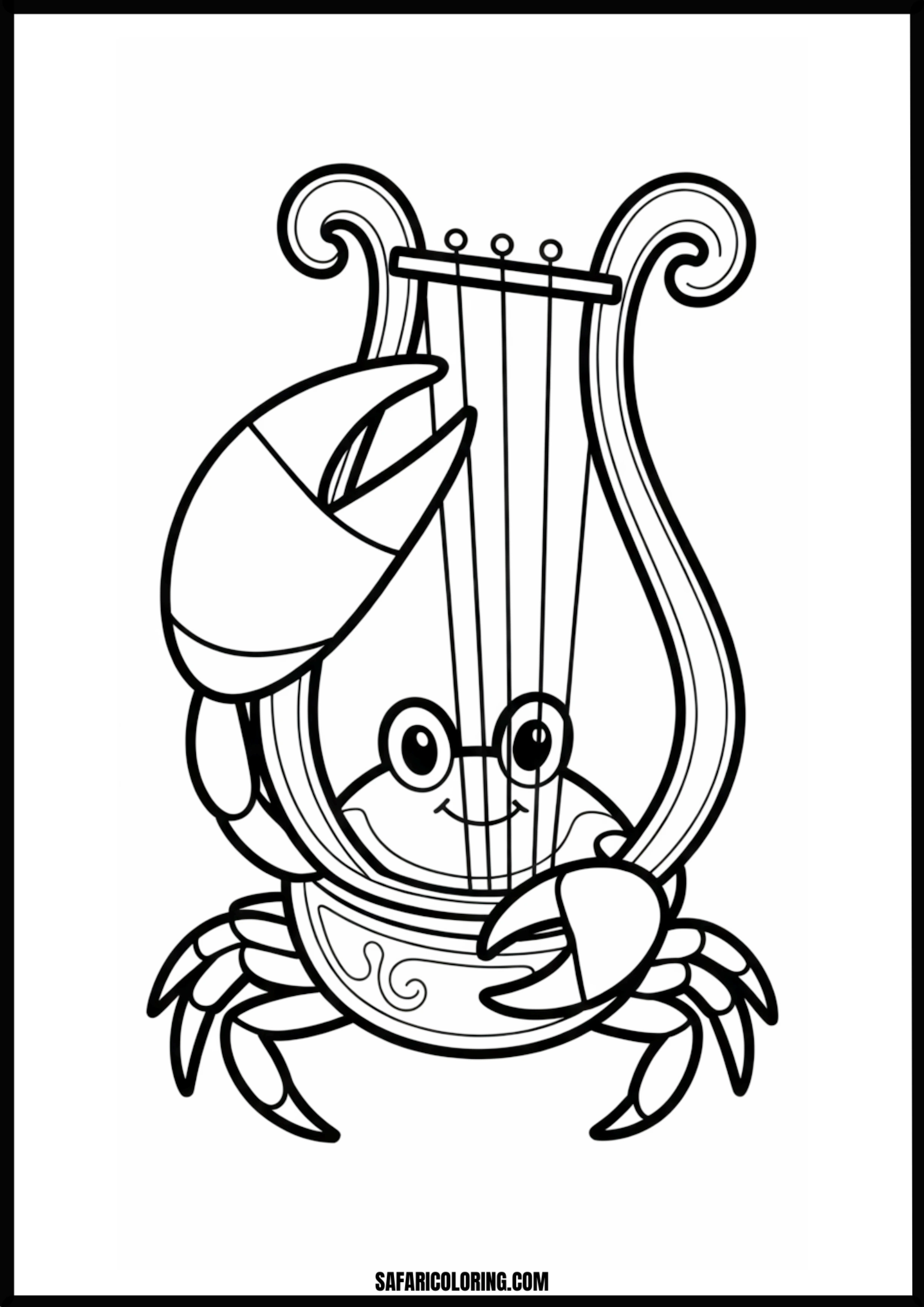 Joyful Crab Musician A happy cartoon crab playing a lyre instrument.