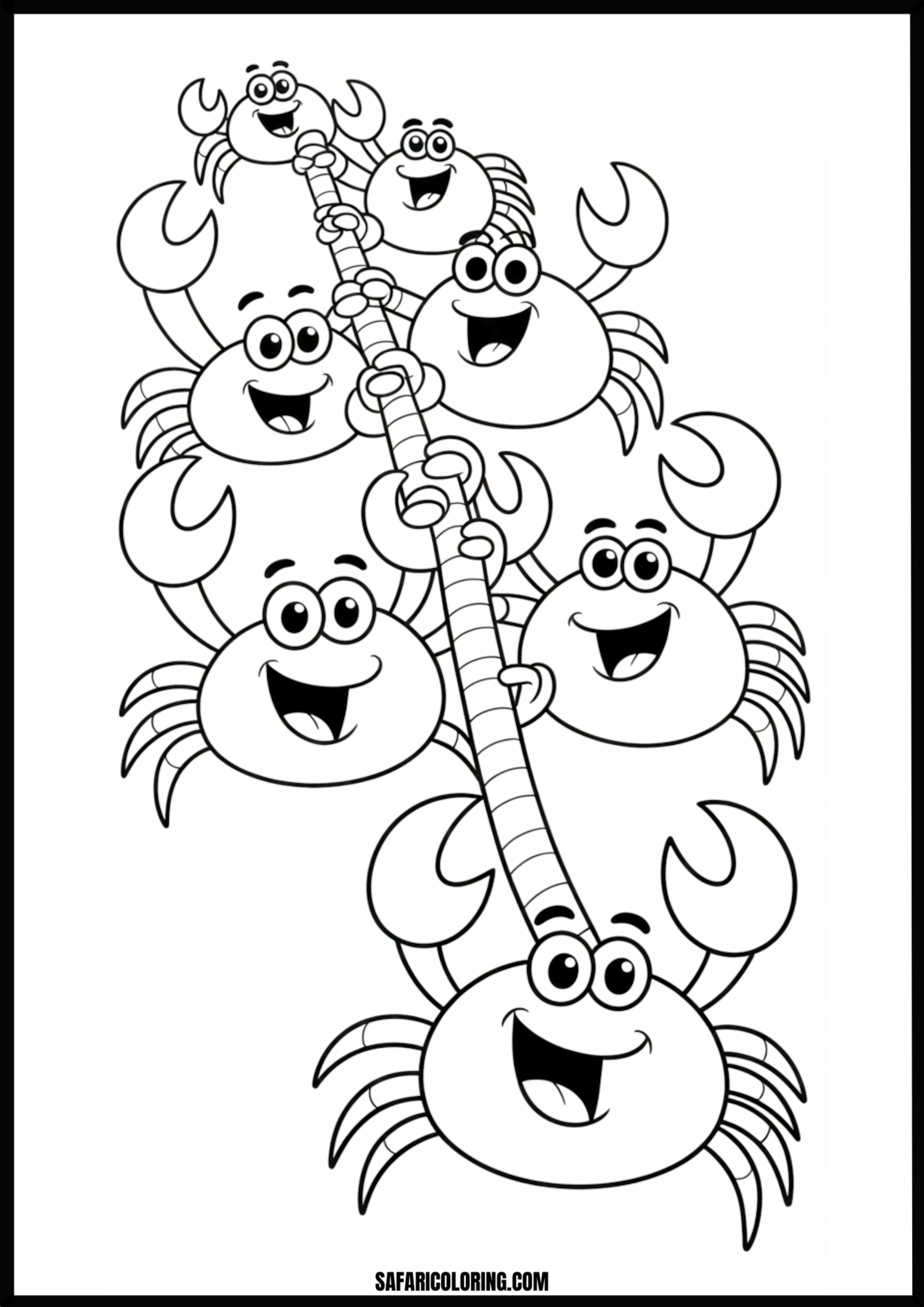 Happy Crabs Climbing Rope Coloring Page Two happy crabs playfully climbing a rope.